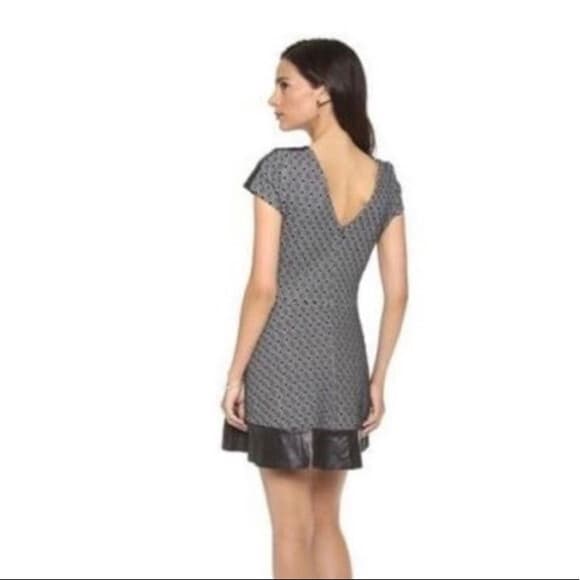 Parker $396 Jacquard Lambskin Leather Trim Skater Dress Geometric Black Sz.L - Thumbnail 5