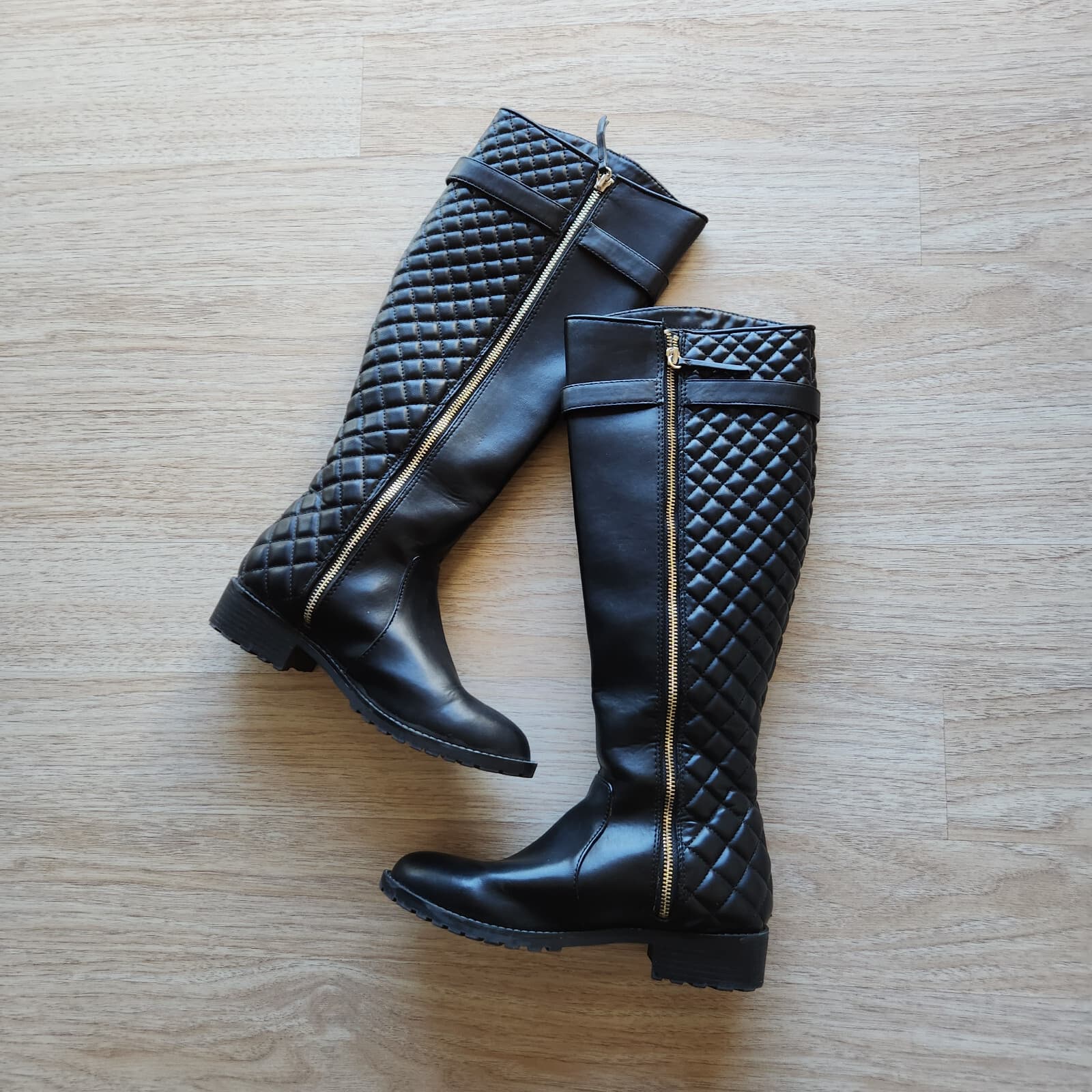 Zara Trafaluc Quilted Knee High Riding Moto Boot Buckle Side-Zip Black Women 38 - Thumbnail 2