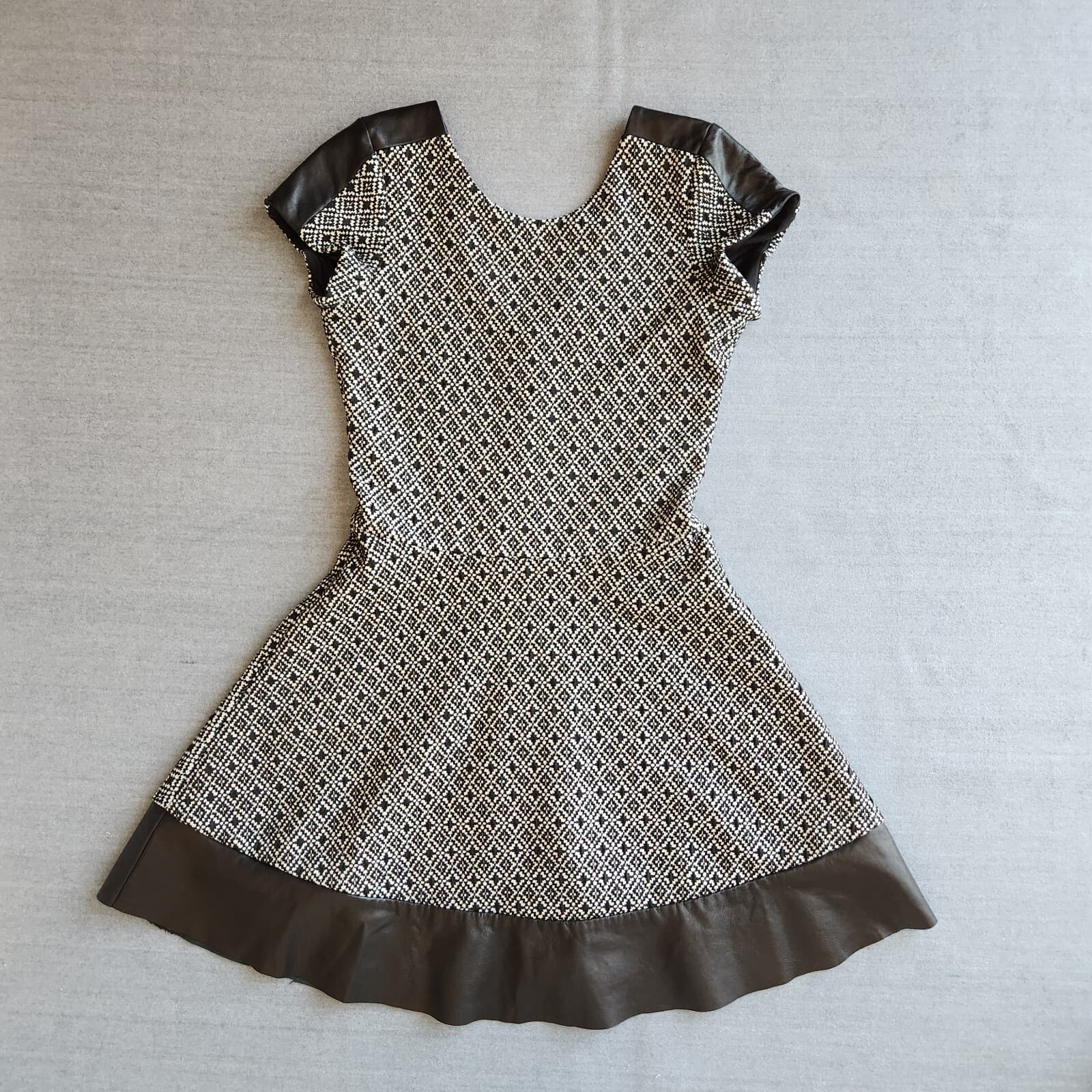 Parker $396 Jacquard Lambskin Leather Trim Skater Dress Geometric Black Sz.L - Thumbnail 7
