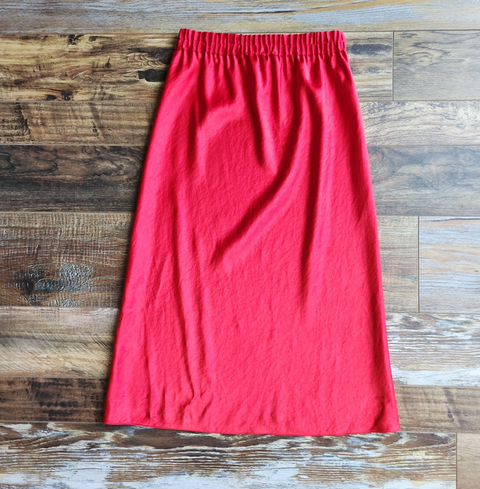 Theory Easy Pull-On Double Sateen Midi A-Line Skirt Elastic Waist Satin Red Sz.P - Thumbnail 4