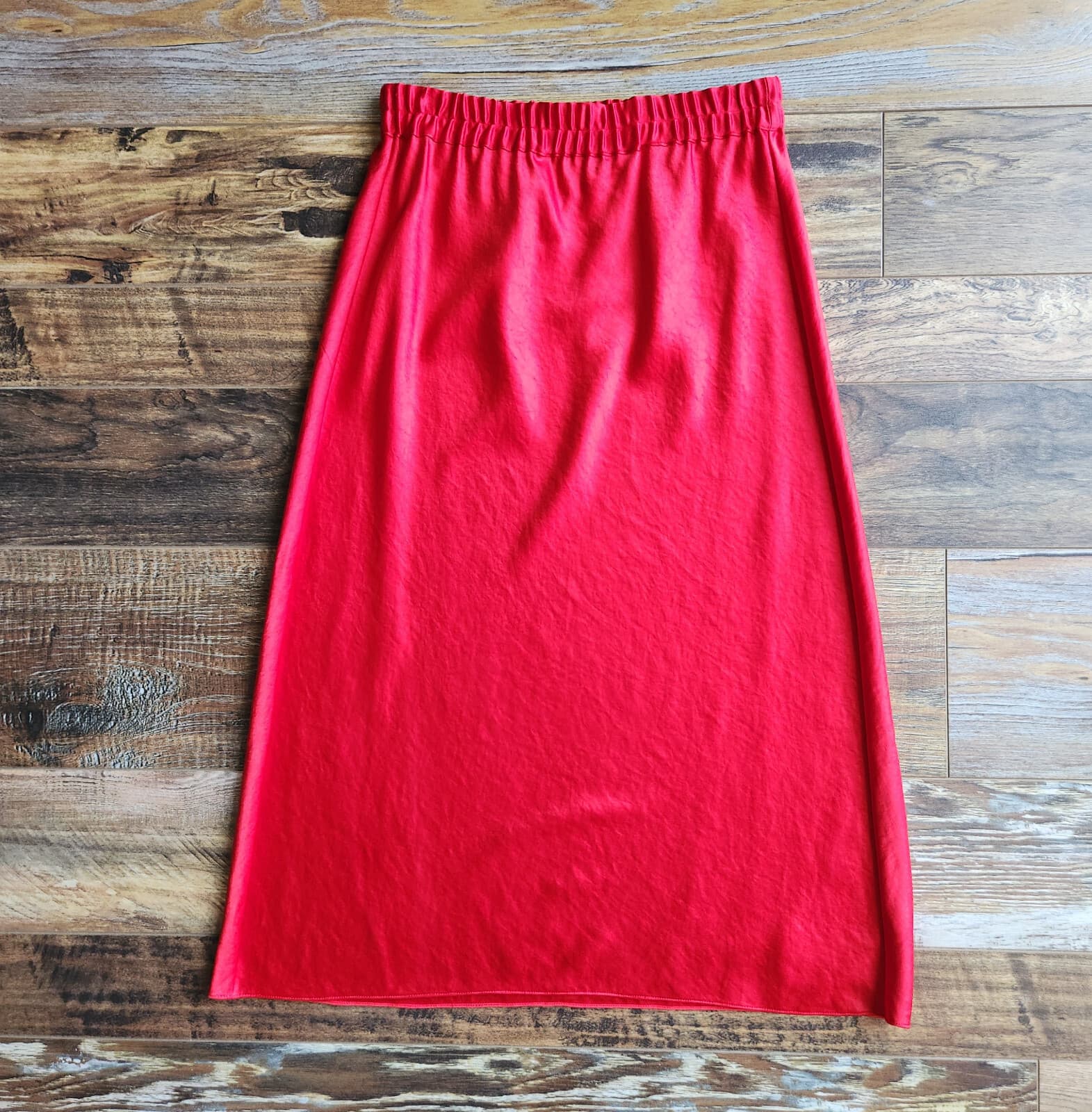 Theory Easy Pull-On Double Sateen Midi A-Line Skirt Elastic Waist Satin Red Sz.P - Thumbnail 2