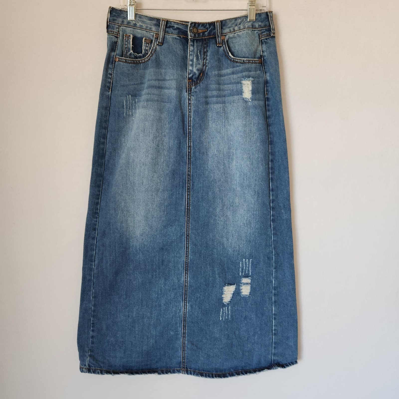 Stetson Denim Country Maxi A-Line Skirt Zip Pocket Distressed Cotton Blue Size 8 - Thumbnail 3
