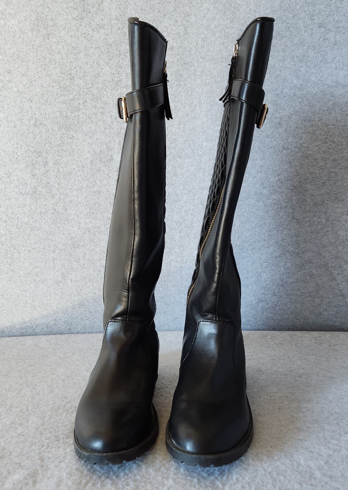 Zara Trafaluc Quilted Knee High Riding Moto Boot Buckle Side-Zip Black Women 38 - Thumbnail 4