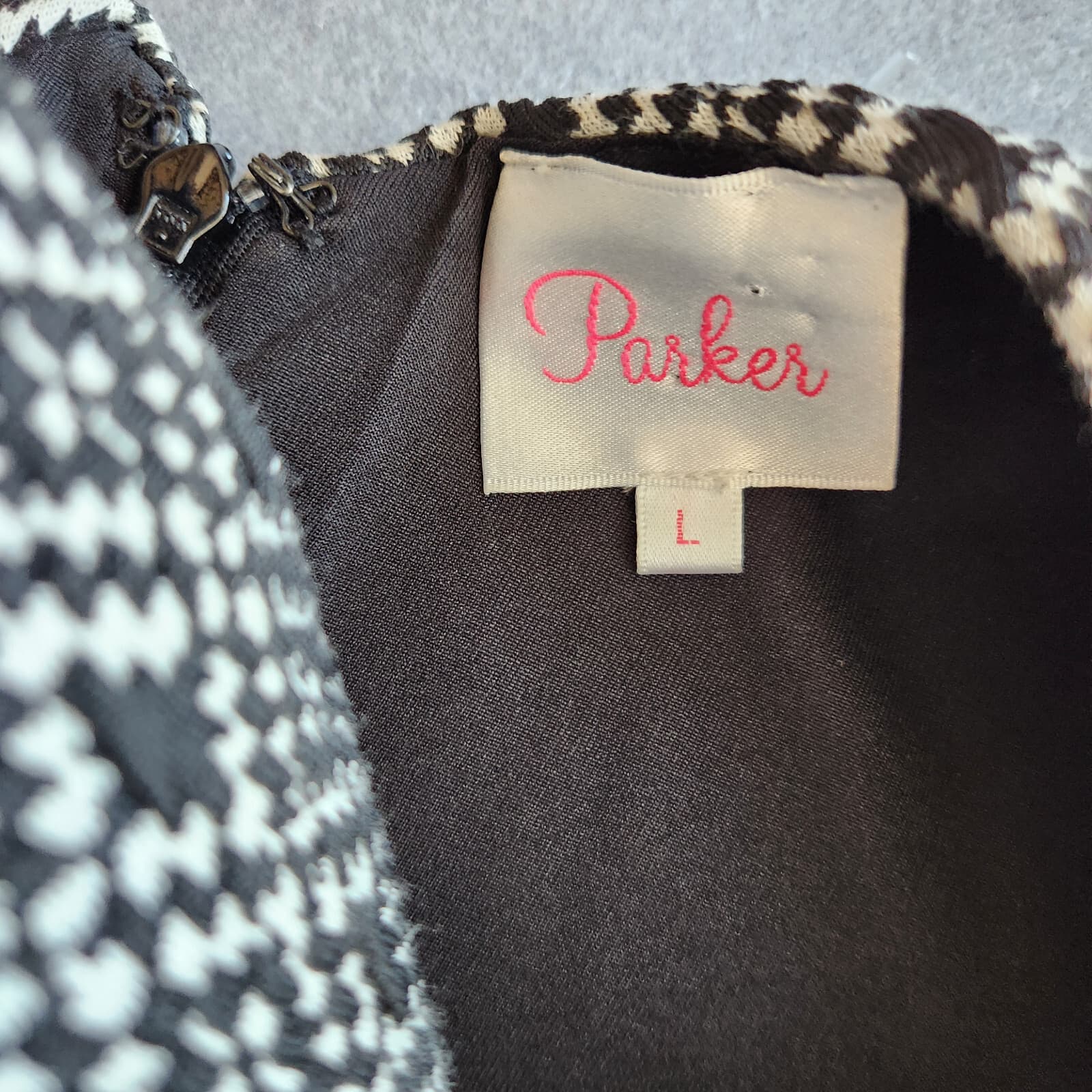 Parker $396 Jacquard Lambskin Leather Trim Skater Dress Geometric Black Sz.L - Thumbnail 11