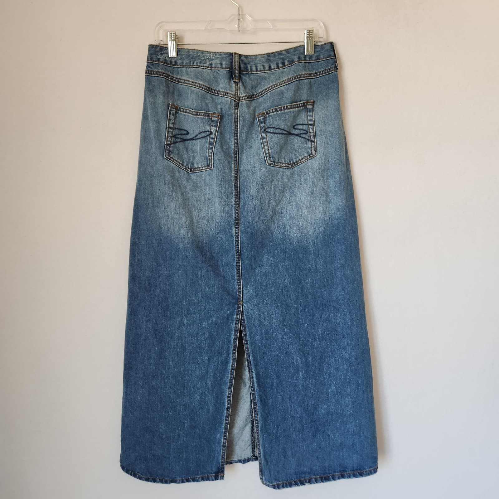 Stetson Denim Country Maxi A-Line Skirt Zip Pocket Distressed Cotton Blue Size 8 - Thumbnail 6
