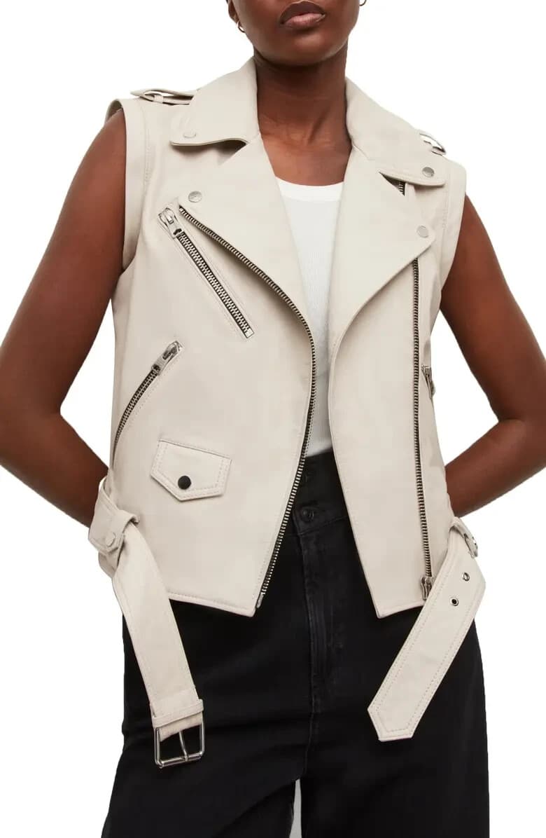 Laveer Feather Belt Biker Vest Jacket Zip Pocket Blue White Women Bust 34" (S) - Thumbnail 3