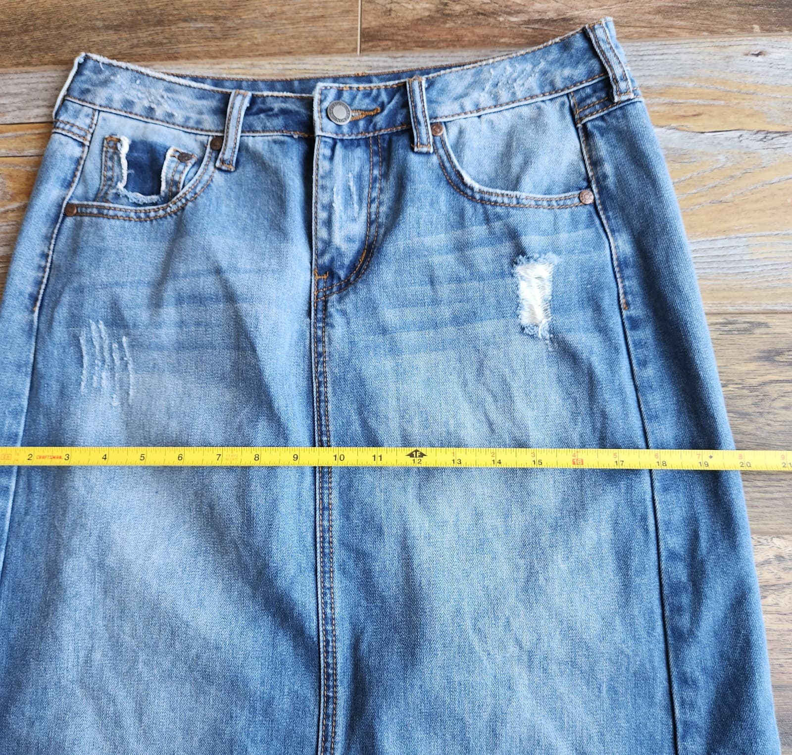 Stetson Denim Country Maxi A-Line Skirt Zip Pocket Distressed Cotton Blue Size 8 - Thumbnail 11