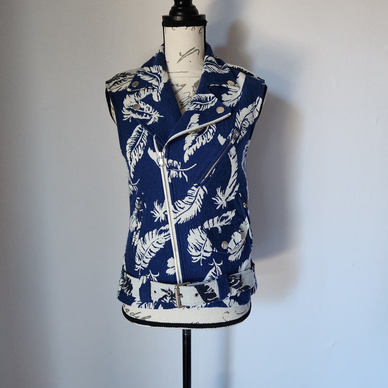 Laveer Feather Belt Biker Vest Jacket Zip Pocket Blue White Women Bust 34" (S) - Thumbnail 2