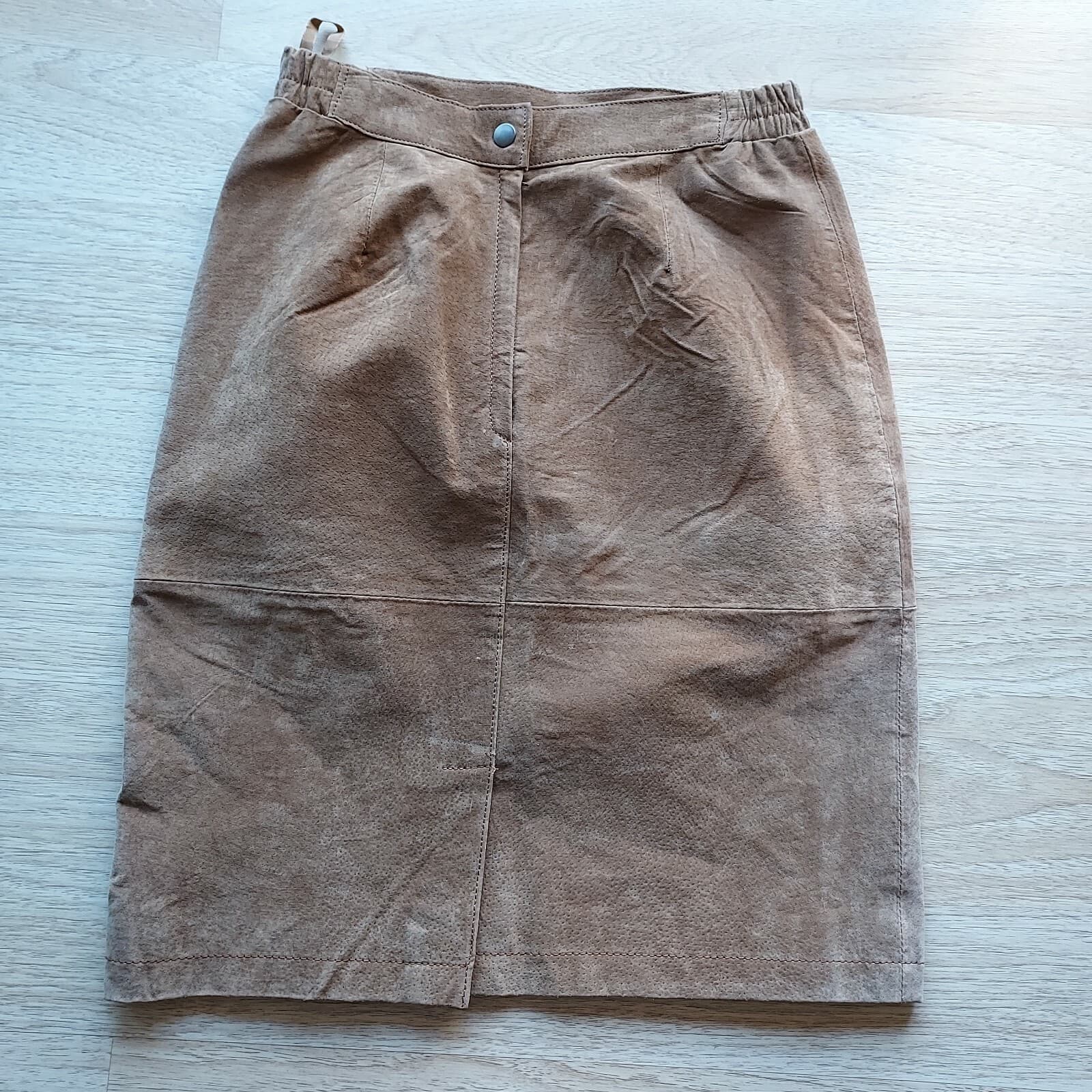 Vintage Pelle 100% Suede Leather Mini Pencil Skirt Zip Brown Women Sz.10 - Thumbnail 2