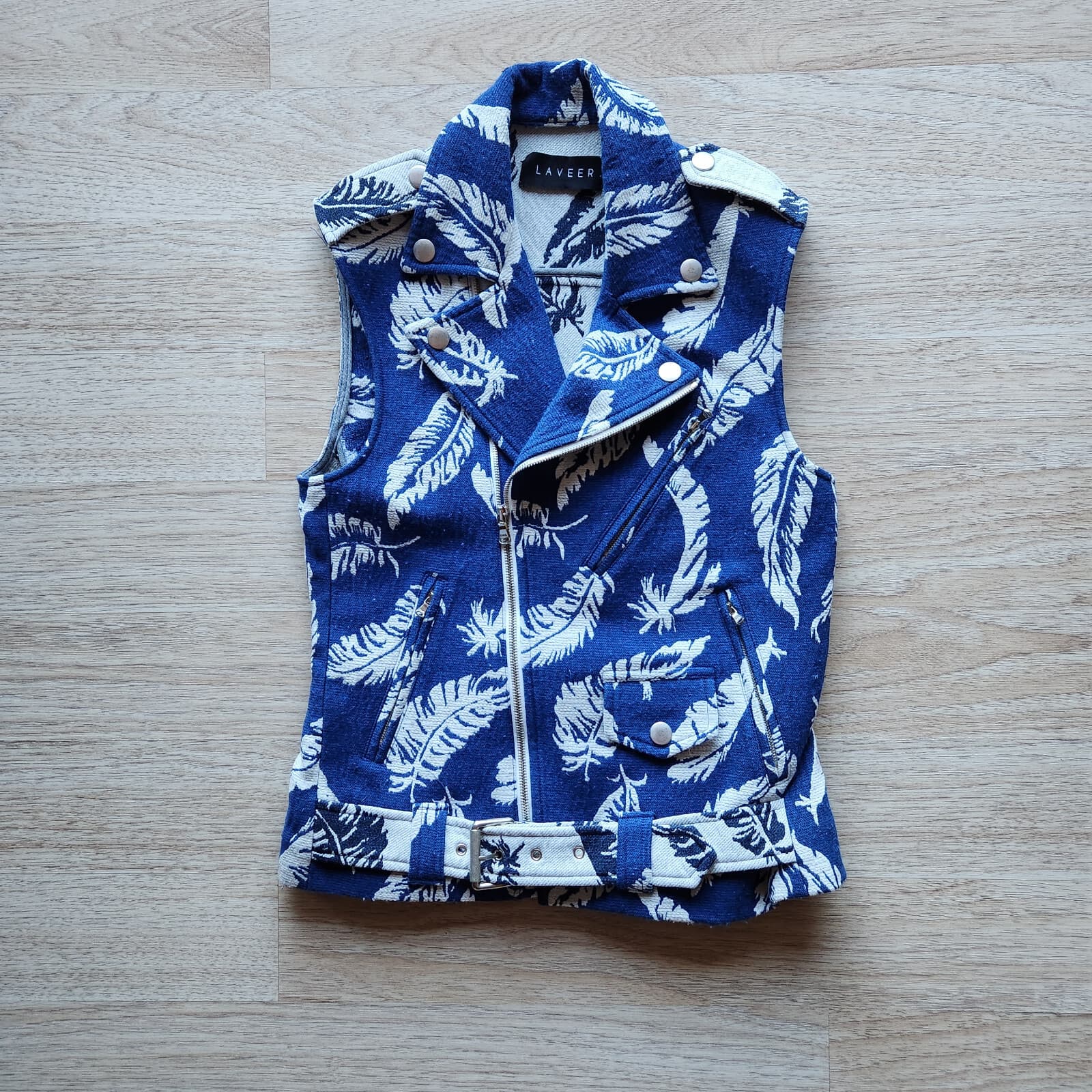 Laveer Feather Belt Biker Vest Jacket Zip Pocket Blue White Women Bust 34" (S) - Thumbnail 5