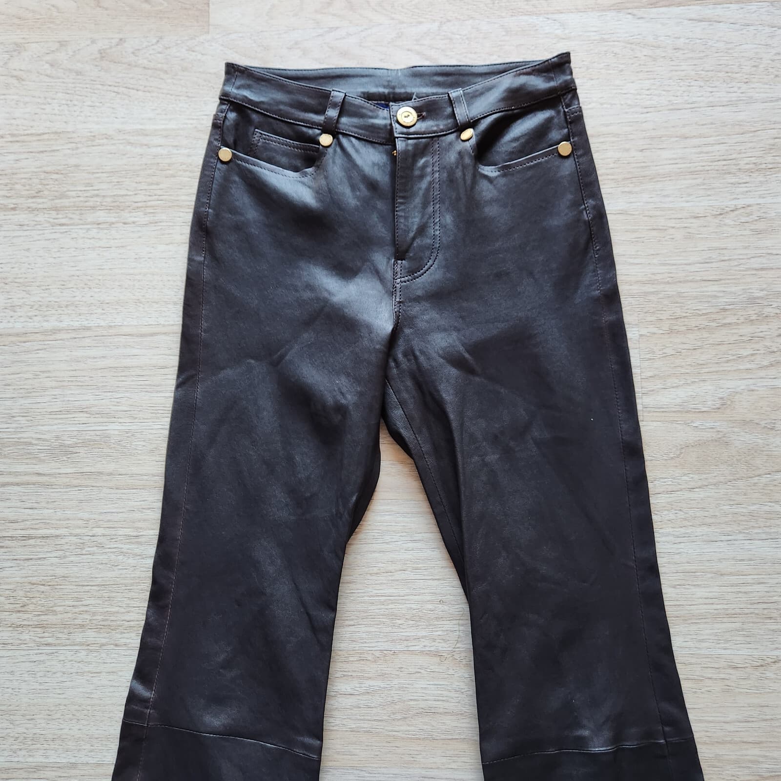 Simon Miller 100% Genuine Leather Bootcut Pants Zip Pocket Dark Brown Women's 27 - Thumbnail 2