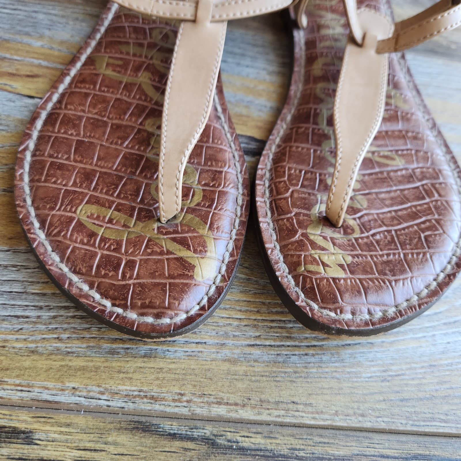 Sam Edelman Gigi Beige Faux Leather T-Strap Thong Flat Sandals Buckle Women's 6M - Thumbnail 10