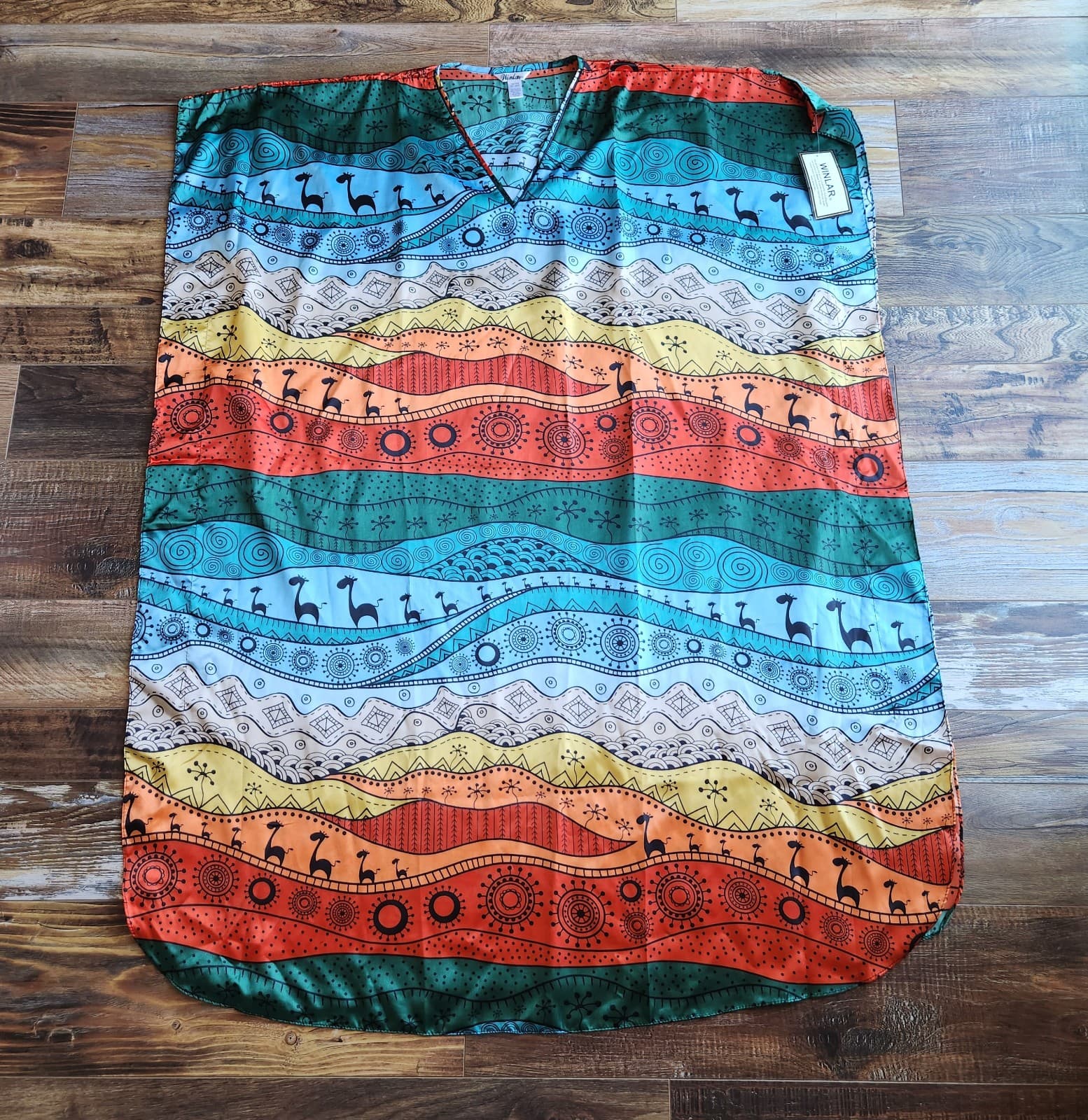 NWT Winlar Dinasaur Tribal Art Colorful Satin Maxi Caftan Dress V-Neck One Size - Thumbnail 6