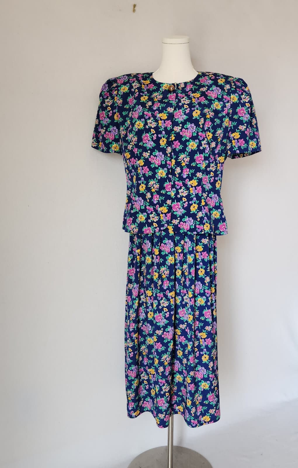 Vintage Talbots 2pc. Set Floral Button Front Top + Pleat Midi Skirt Blue Sz.12 - Thumbnail 2