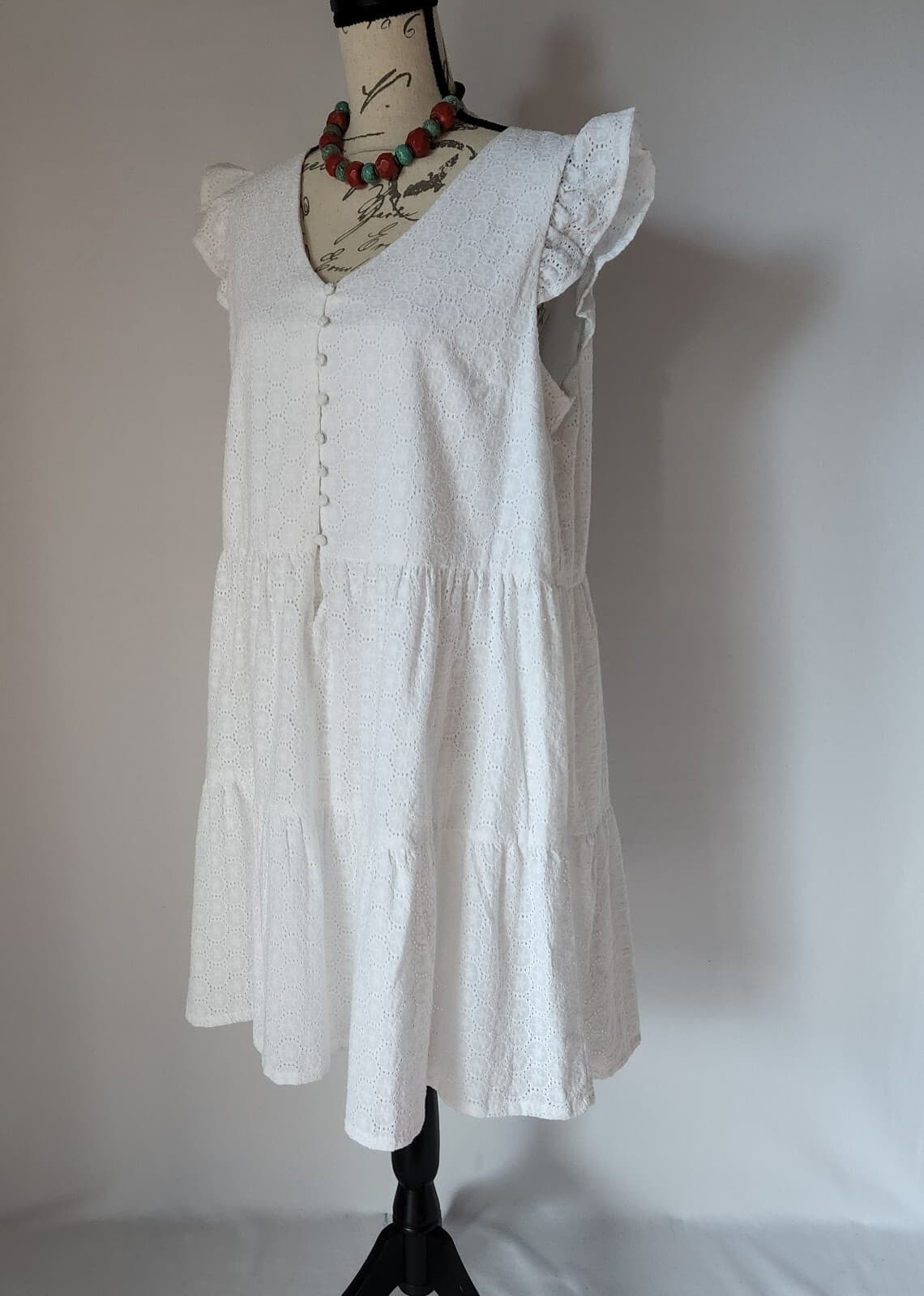 NWT Joie Mommy & Me Eyelet Tiered Shift Dress+Headband Cap Sleeve White Women XL - Thumbnail 2