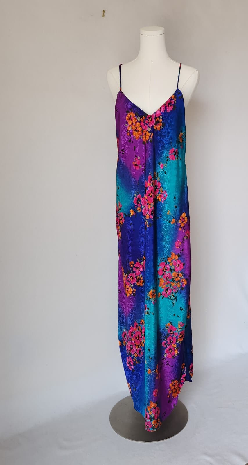Vintage Y2K Circa 2000 USA Floral Satin Maxi Slip Dress Straps Multicolor Sz.M - Thumbnail 2
