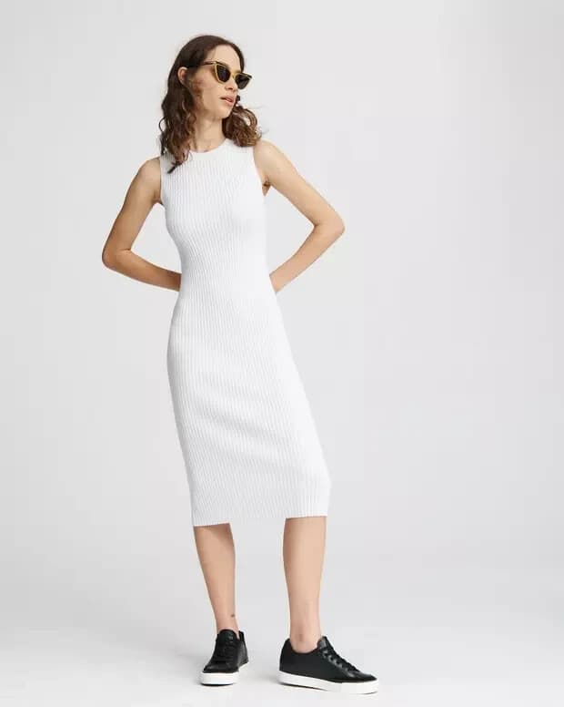 Rag & Bone Brea Sleeveless Cable Rib-Knit Midi Dress Stretch Crewneck White Sz.L - Thumbnail 2
