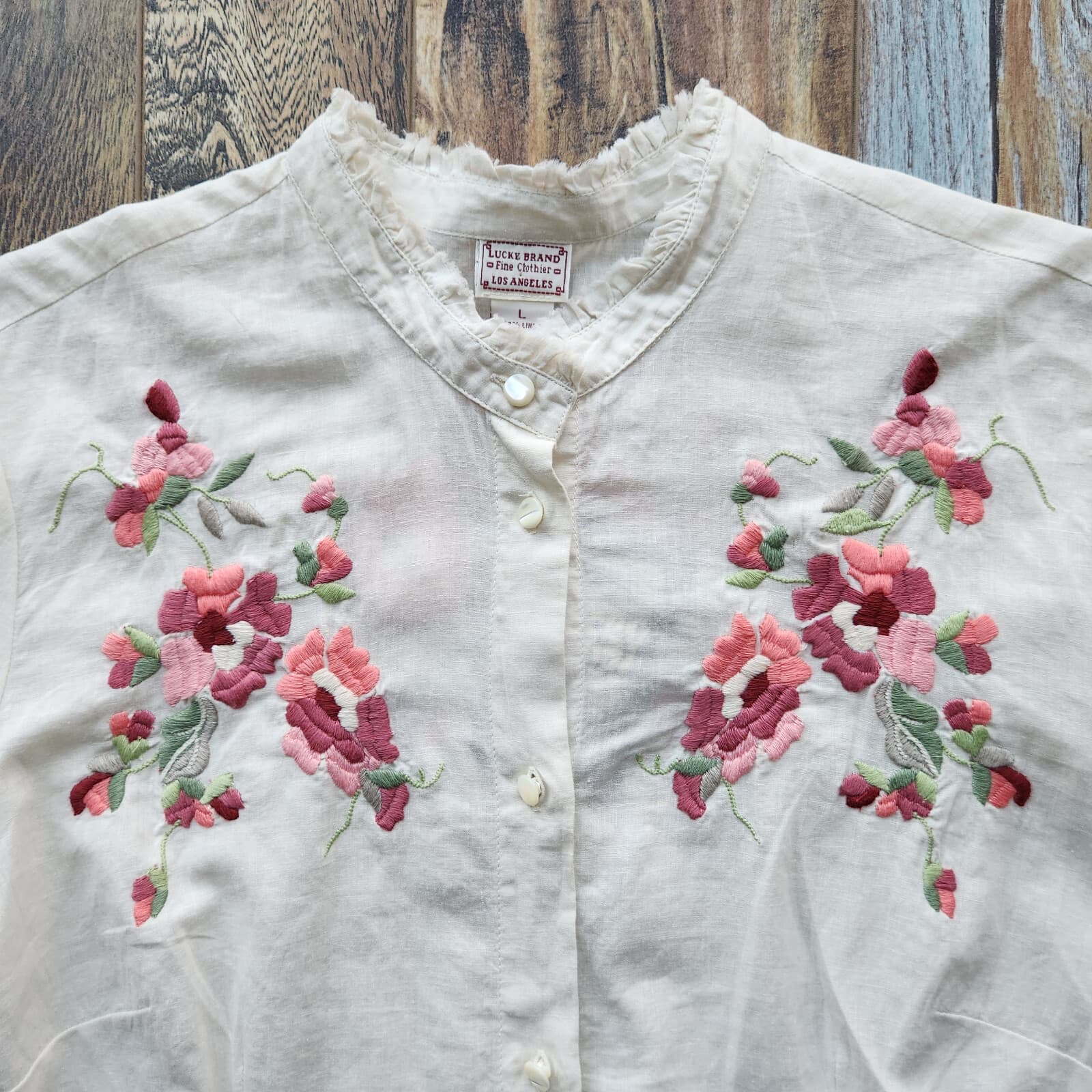 Vintage NWT Lucky Brand Floral Embroidered Henley Top Linen Cotton Cream Sz.L - Thumbnail 4