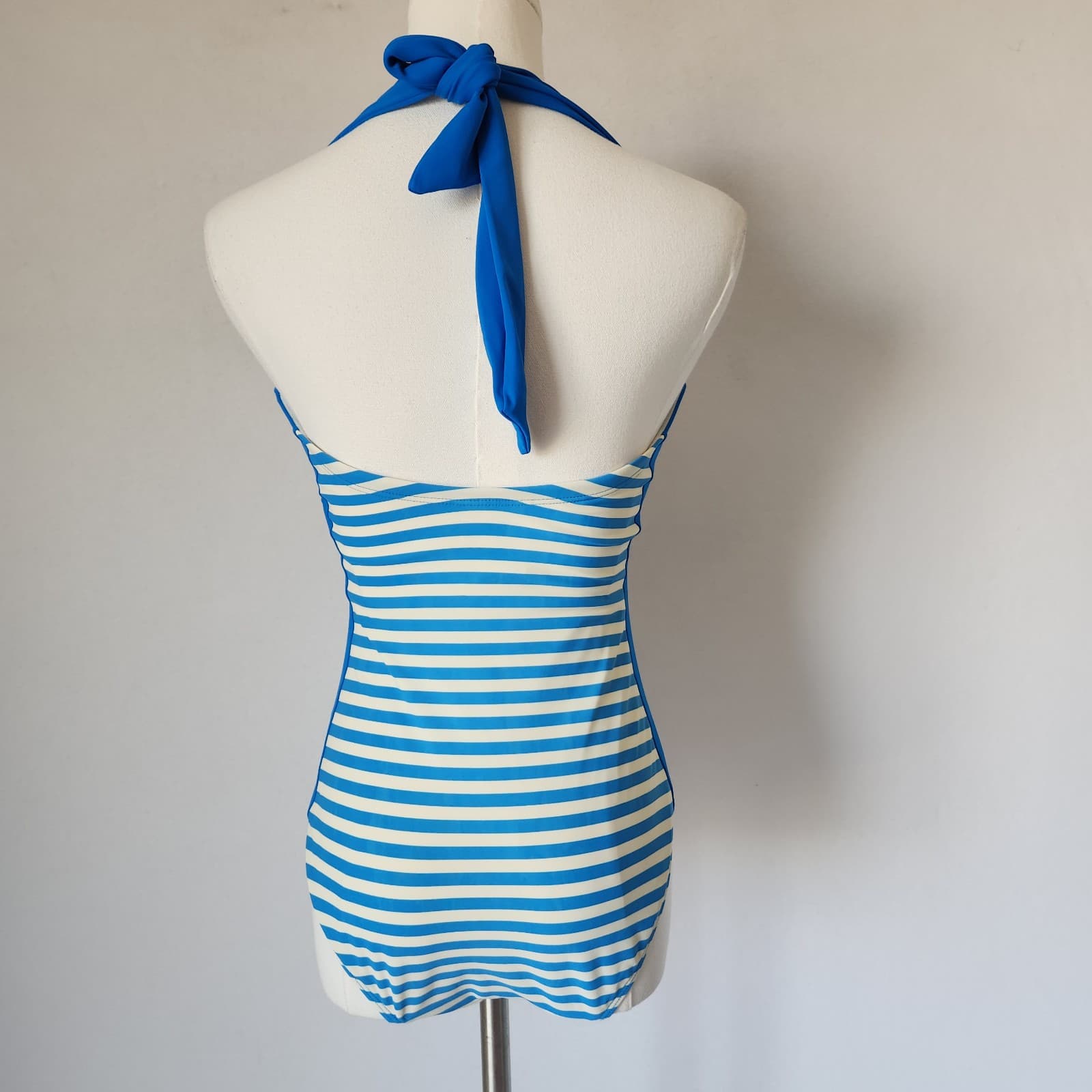 Boden Minori One Piece Swimsuit Halter Tie-Neck Bra Pad Stripe Blue White Size 4 - Thumbnail 6