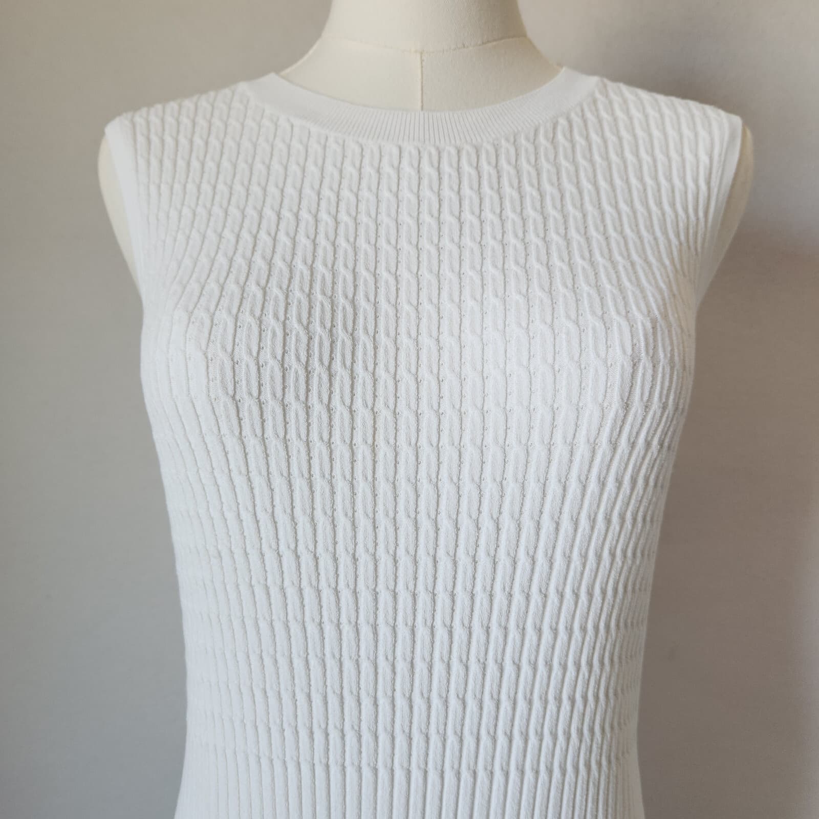 Rag & Bone Brea Sleeveless Cable Rib-Knit Midi Dress Stretch Crewneck White Sz.L - Thumbnail 3