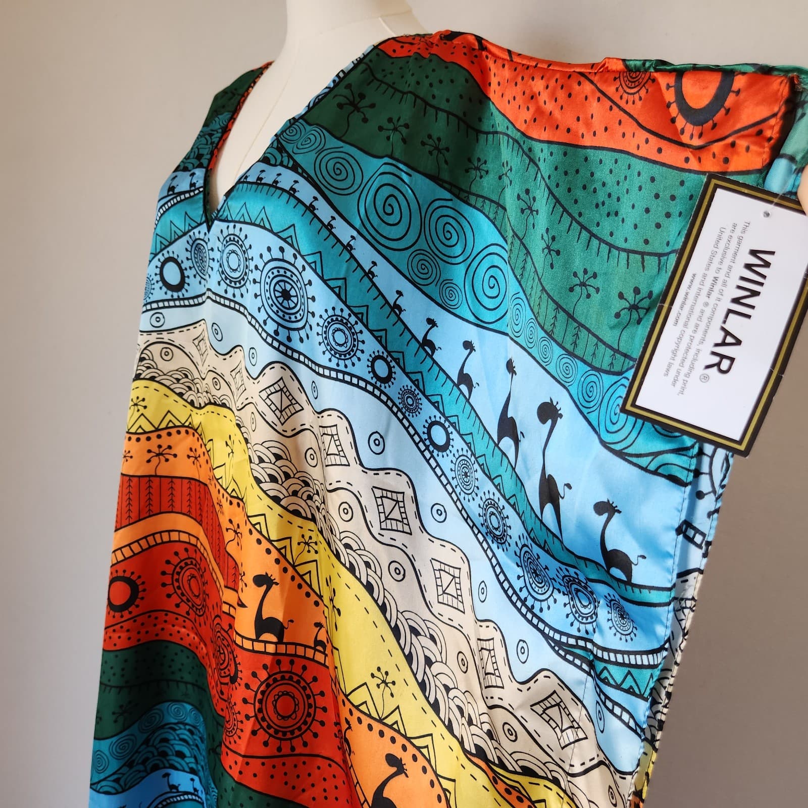 NWT Winlar Dinasaur Tribal Art Colorful Satin Maxi Caftan Dress V-Neck One Size - Thumbnail 4
