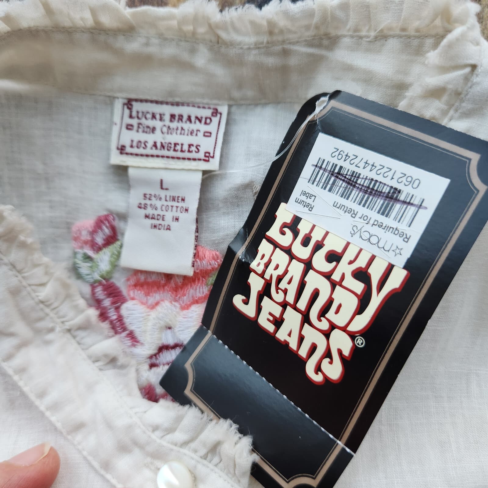 Vintage NWT Lucky Brand Floral Embroidered Henley Top Linen Cotton Cream Sz.L - Thumbnail 8