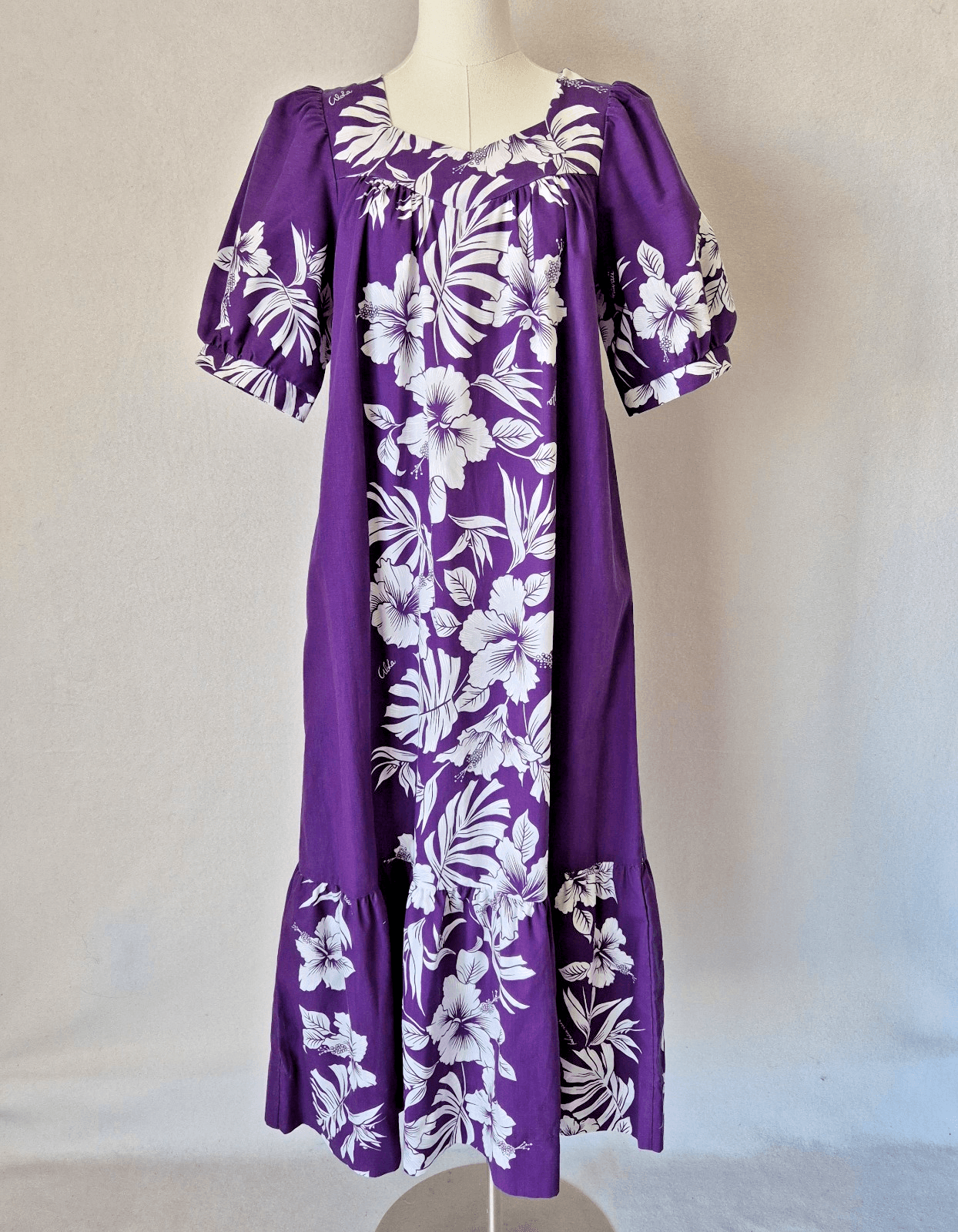 Royal Creations Hawaiian Floral MuuMuu Midi Dress Tiered Purple White Women's S - Thumbnail 3