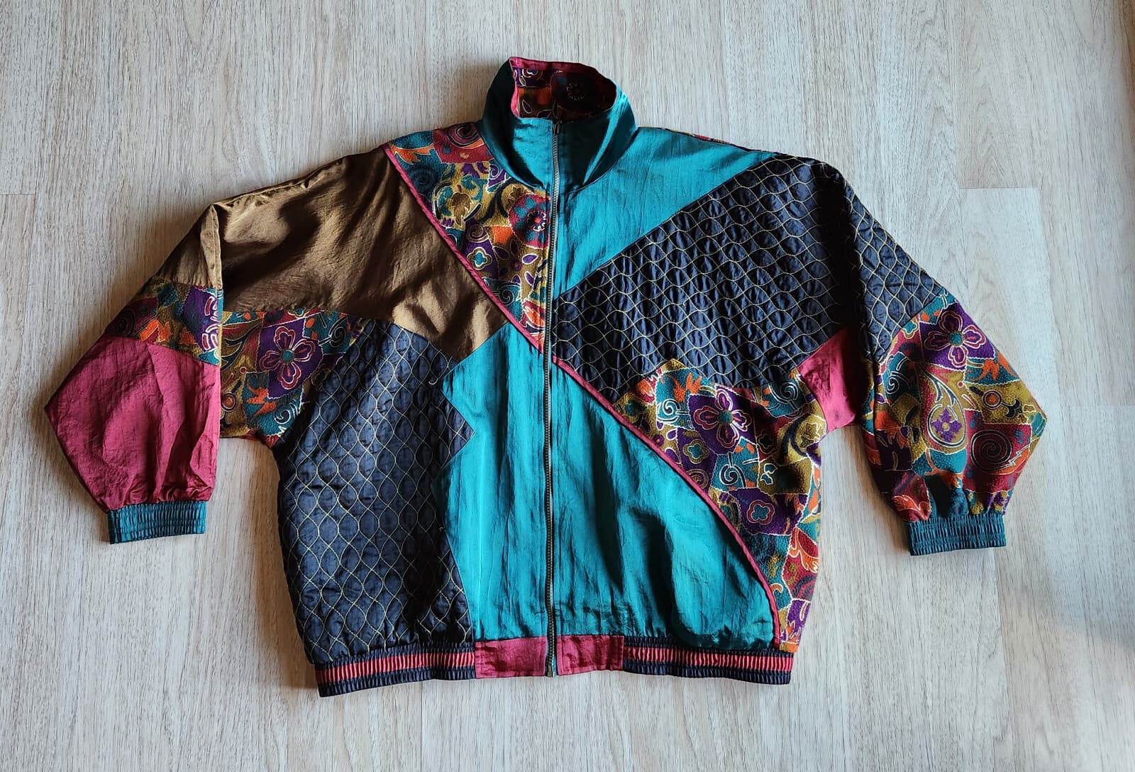 Vintage Casual Isle Patchwork Bomber Jacket Women Plus 2X Full-Zip Multicolor - Thumbnail 3