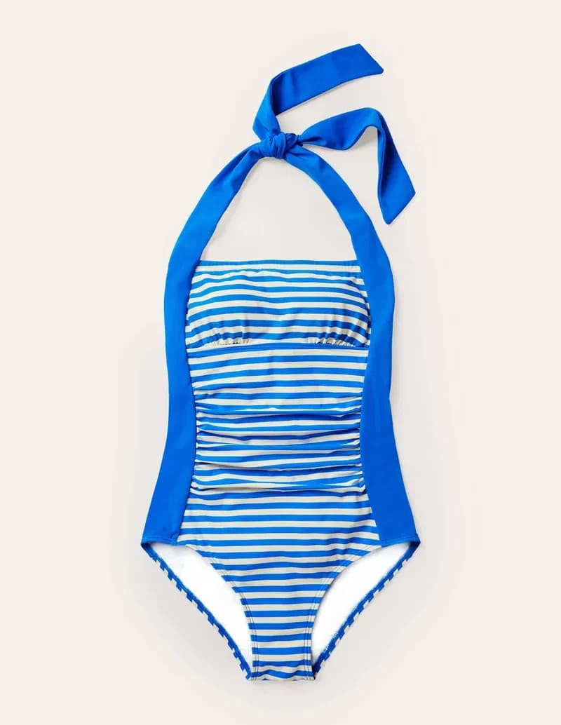 Boden Minori One Piece Swimsuit Halter Tie-Neck Bra Pad Stripe Blue White Size 4 - Thumbnail 8
