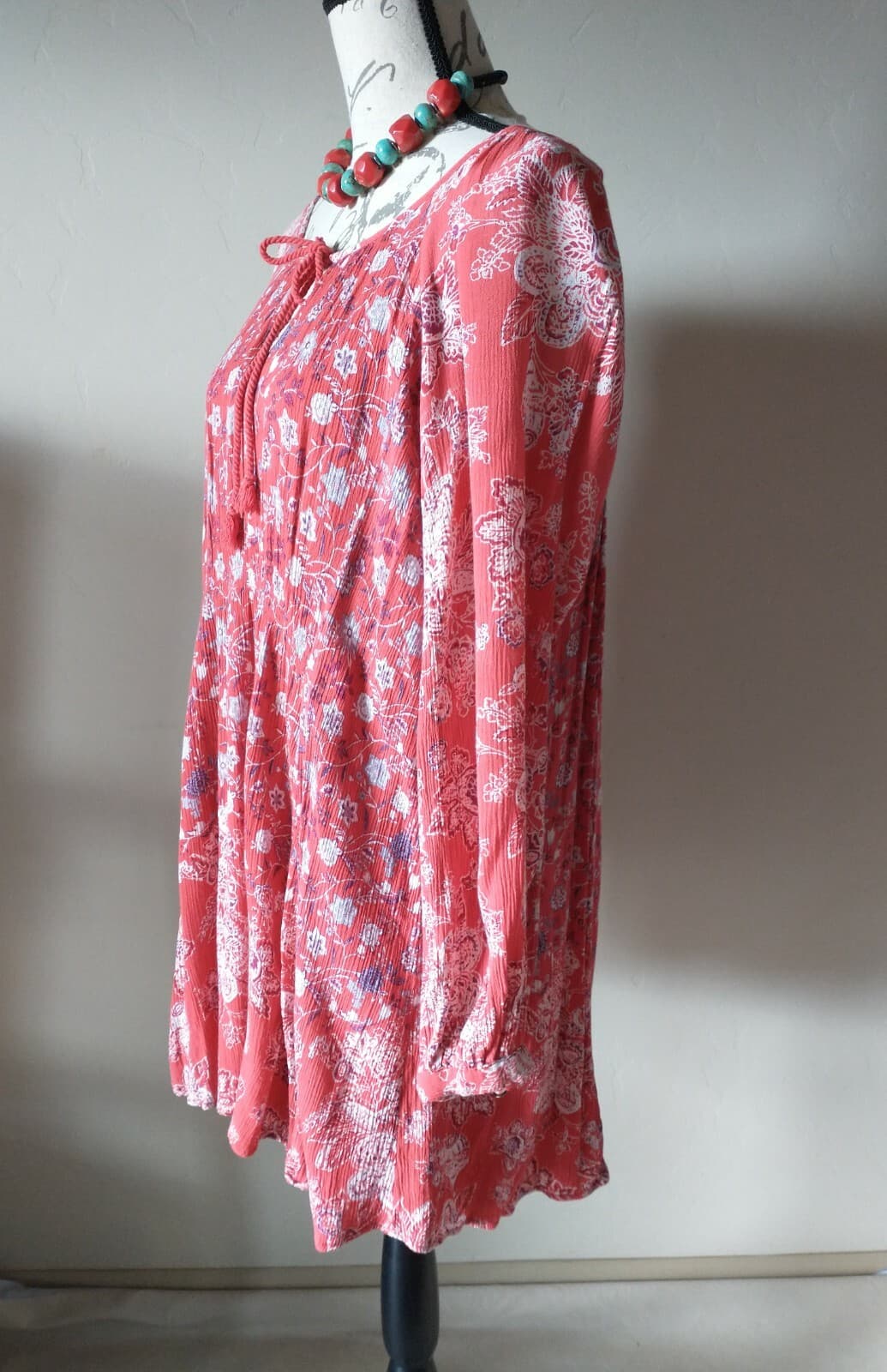 Free People Boho Mini Dress Red Floral Tassel Long Sleeve Lined 100% Rayon Sz.M - Thumbnail 3