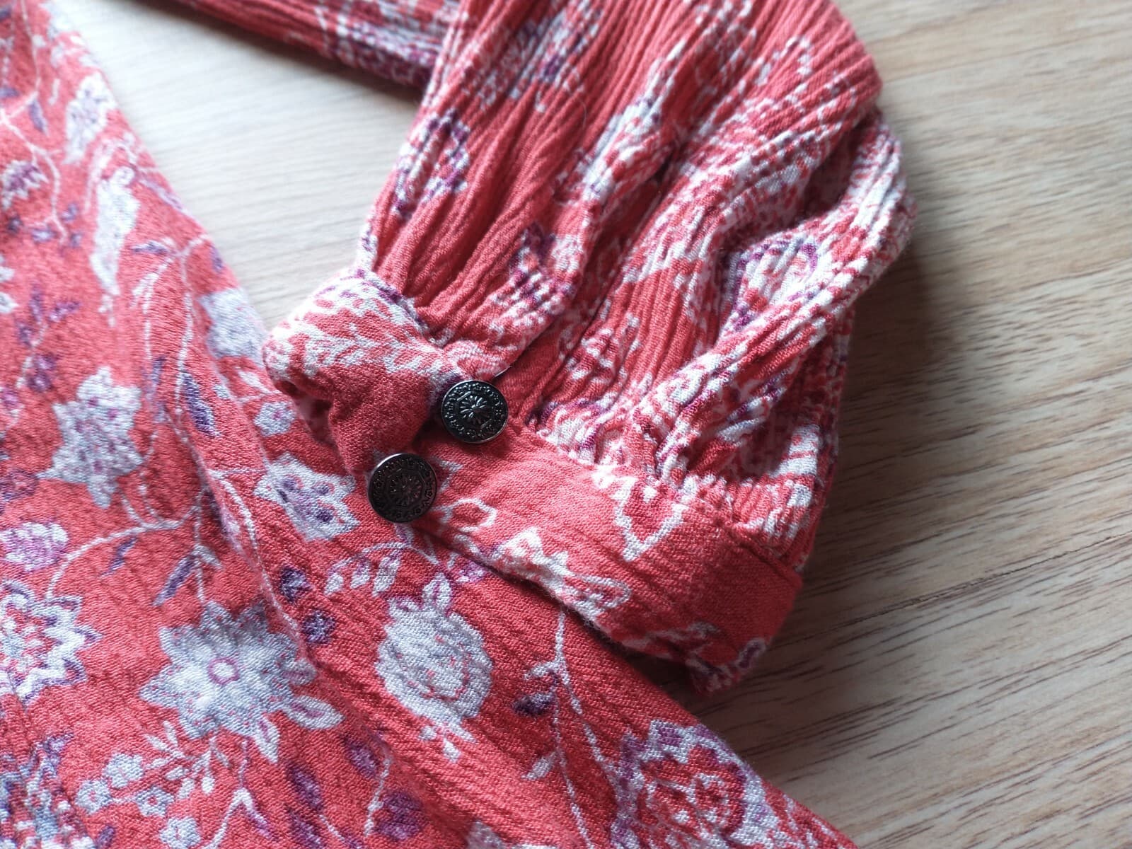 Free People Boho Mini Dress Red Floral Tassel Long Sleeve Lined 100% Rayon Sz.M - Thumbnail 6