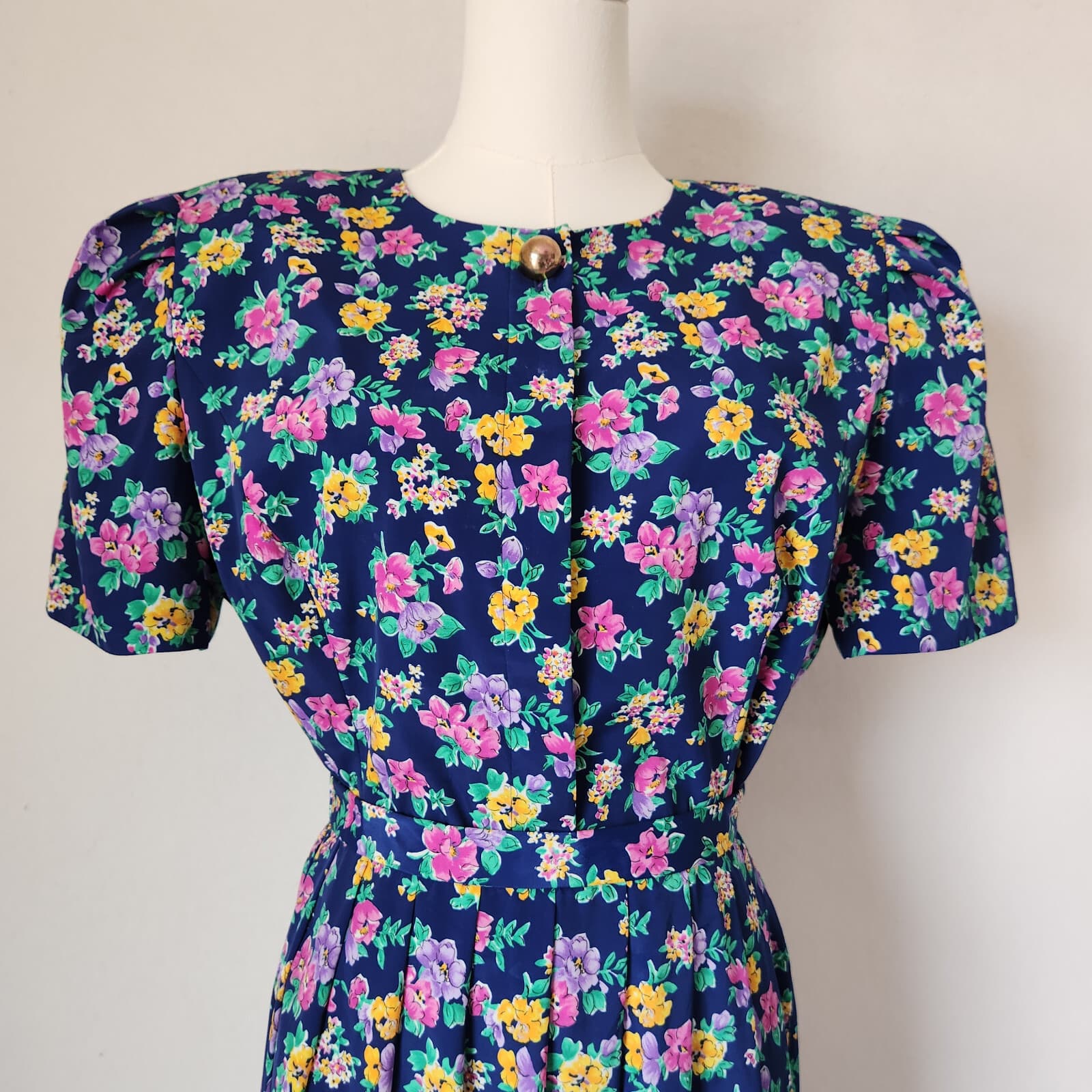 Vintage Talbots 2pc. Set Floral Button Front Top + Pleat Midi Skirt Blue Sz.12 - Thumbnail 5