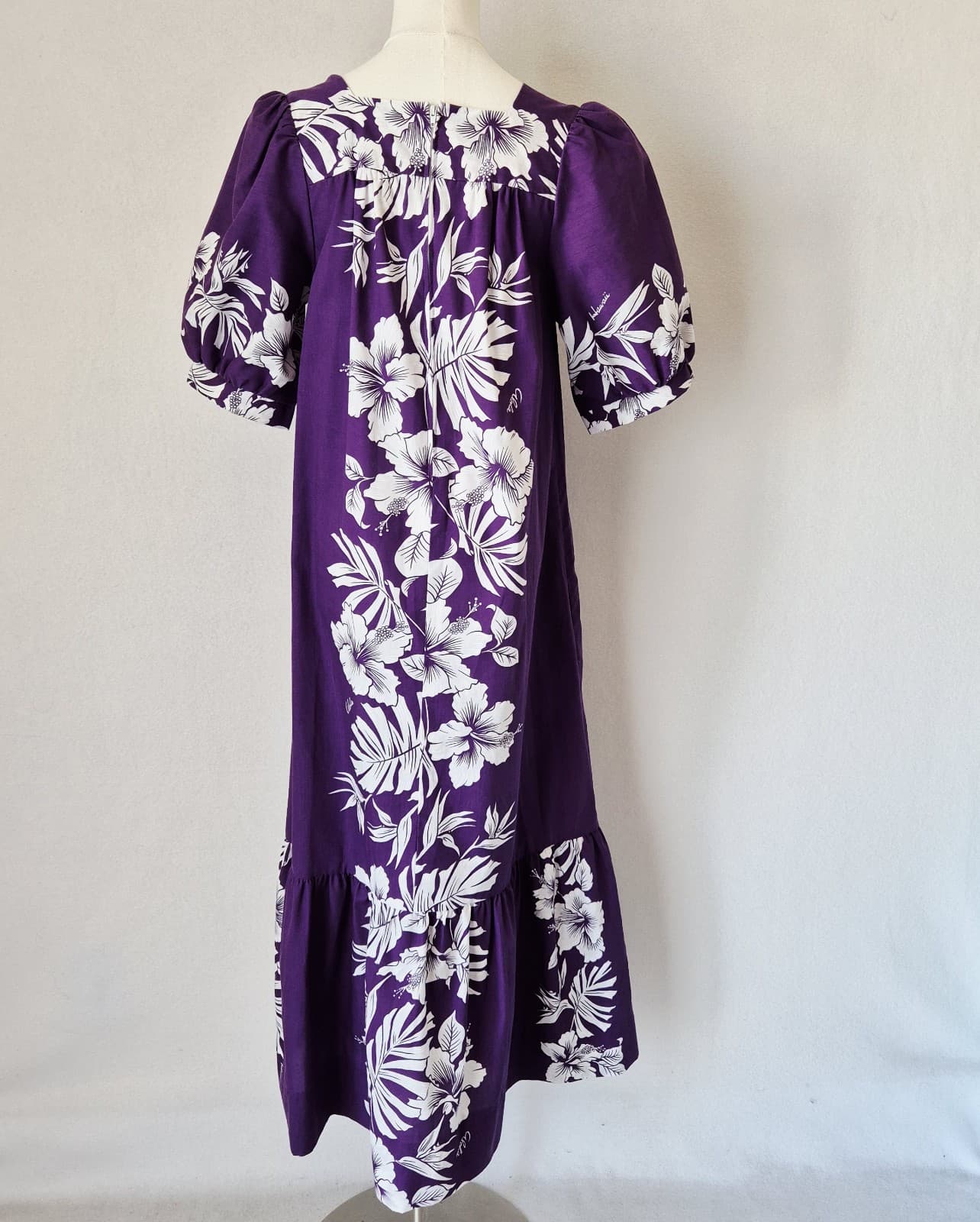 Royal Creations Hawaiian Floral MuuMuu Midi Dress Tiered Purple White Women's S - Thumbnail 5