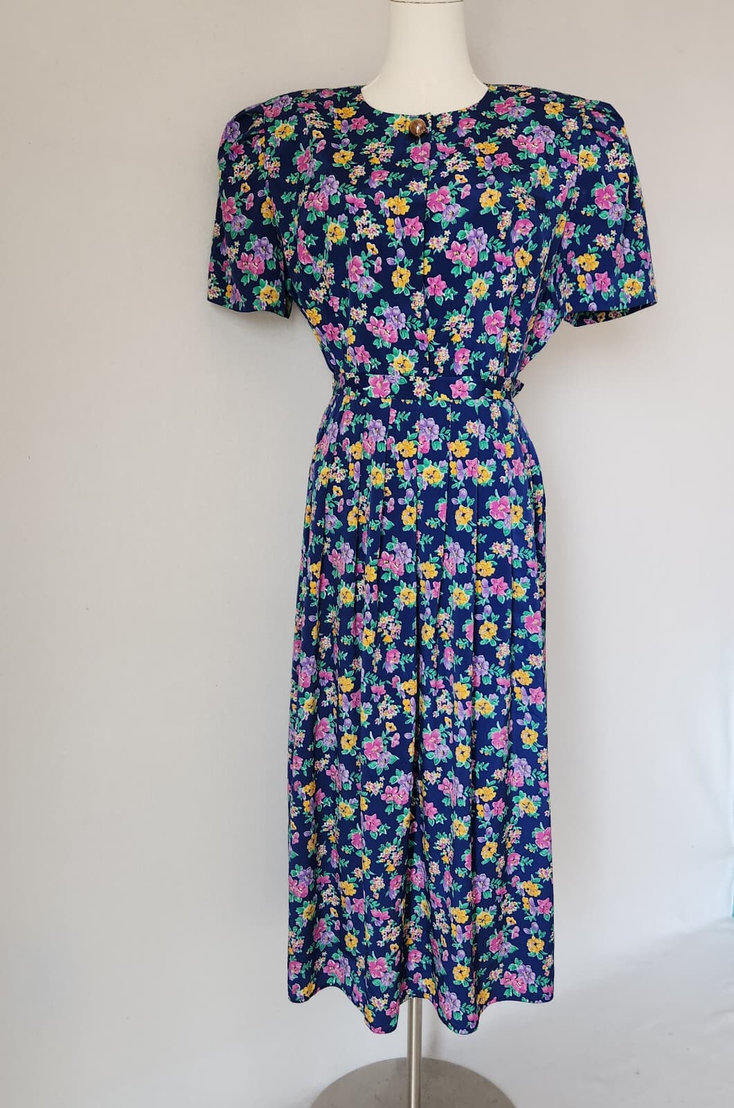 Vintage Talbots 2pc. Set Floral Button Front Top + Pleat Midi Skirt Blue Sz.12 - Thumbnail 3