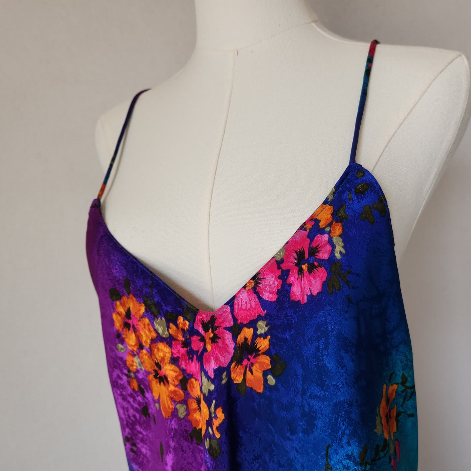 Vintage Y2K Circa 2000 USA Floral Satin Maxi Slip Dress Straps Multicolor Sz.M - Thumbnail 4