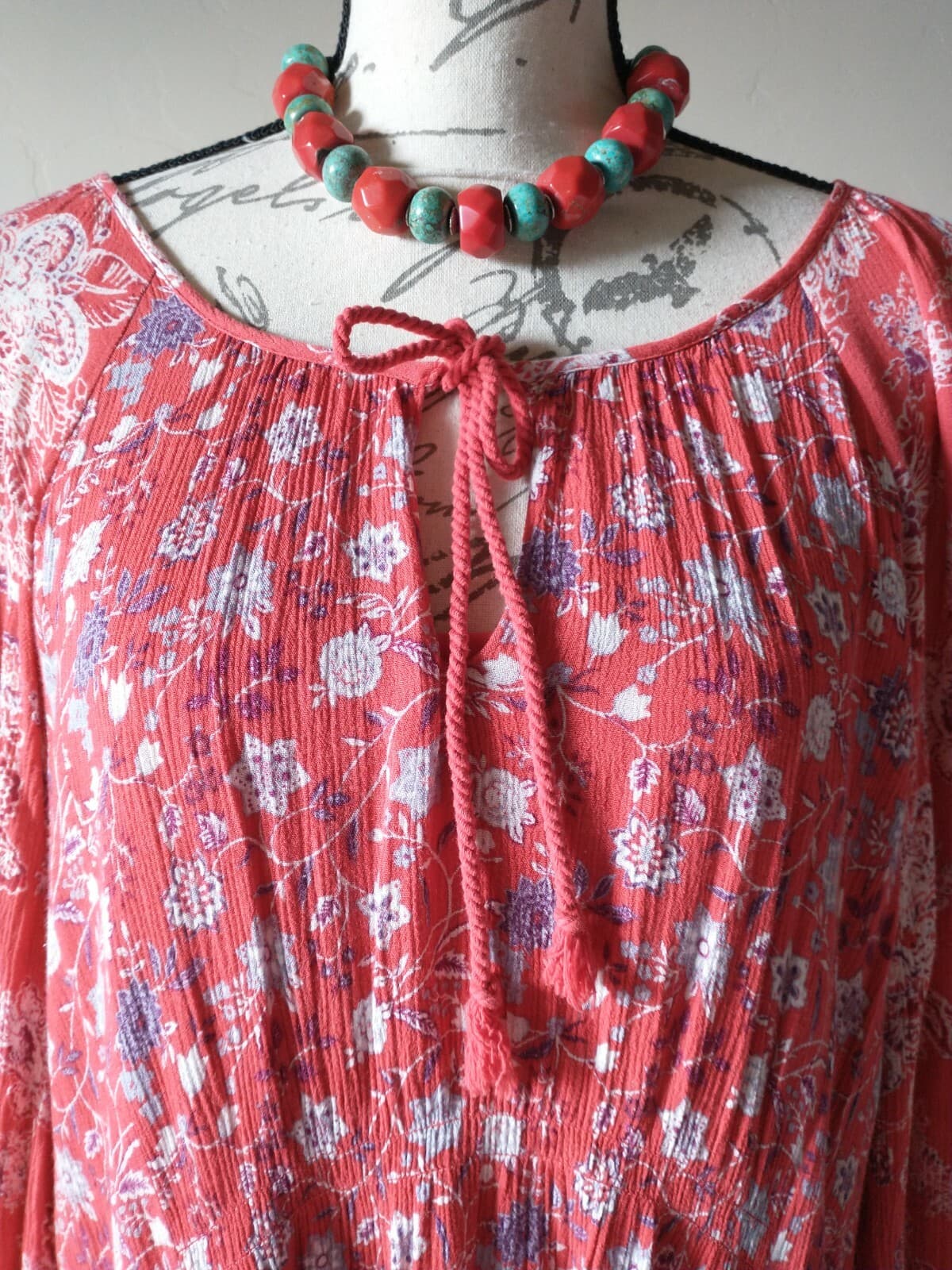 Free People Boho Mini Dress Red Floral Tassel Long Sleeve Lined 100% Rayon Sz.M - Thumbnail 2