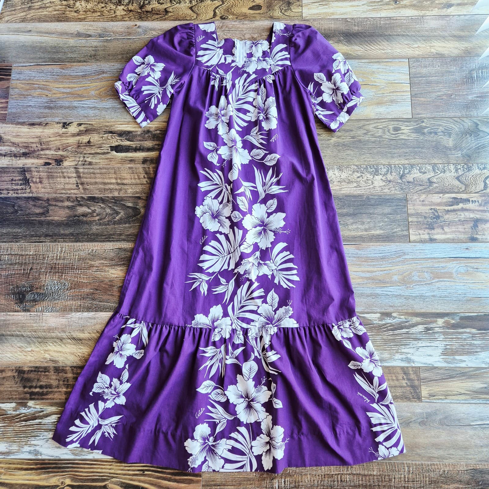 Royal Creations Hawaiian Floral MuuMuu Midi Dress Tiered Purple White Women's S - Thumbnail 6