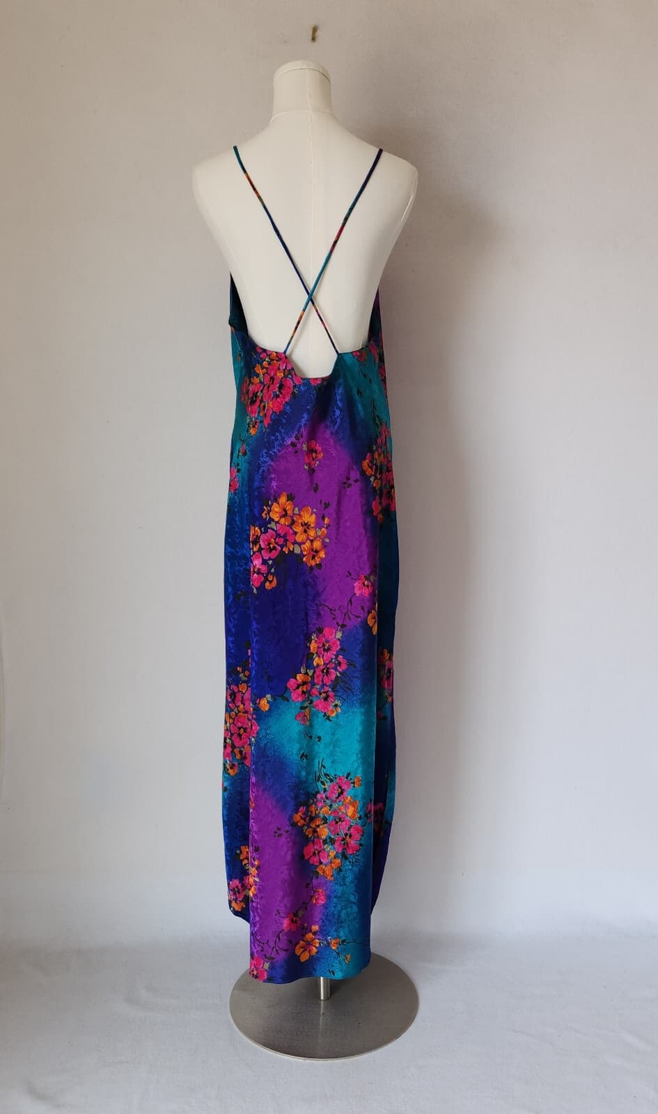 Vintage Y2K Circa 2000 USA Floral Satin Maxi Slip Dress Straps Multicolor Sz.M - Thumbnail 5