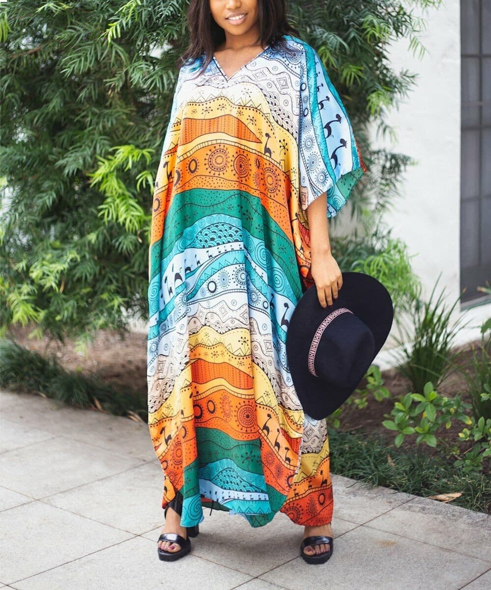 NWT Winlar Dinasaur Tribal Art Colorful Satin Maxi Caftan Dress V-Neck One Size - Thumbnail 3