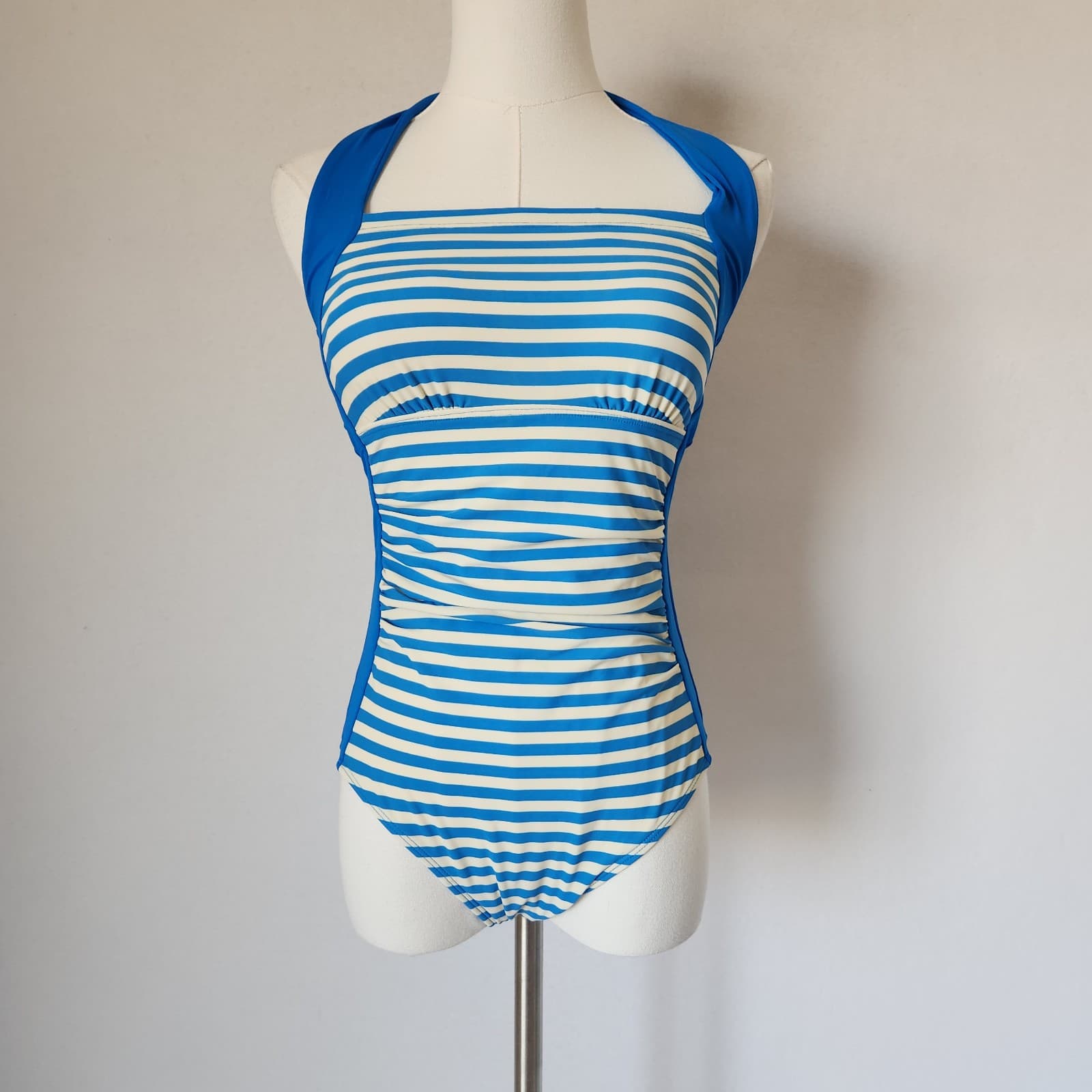 Boden Minori One Piece Swimsuit Halter Tie-Neck Bra Pad Stripe Blue White Size 4 - Thumbnail 3