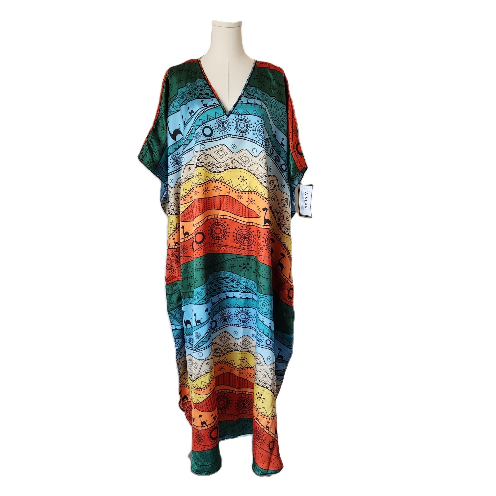 NWT Winlar Dinasaur Tribal Art Colorful Satin Maxi Caftan Dress V-Neck One Size - Thumbnail 2