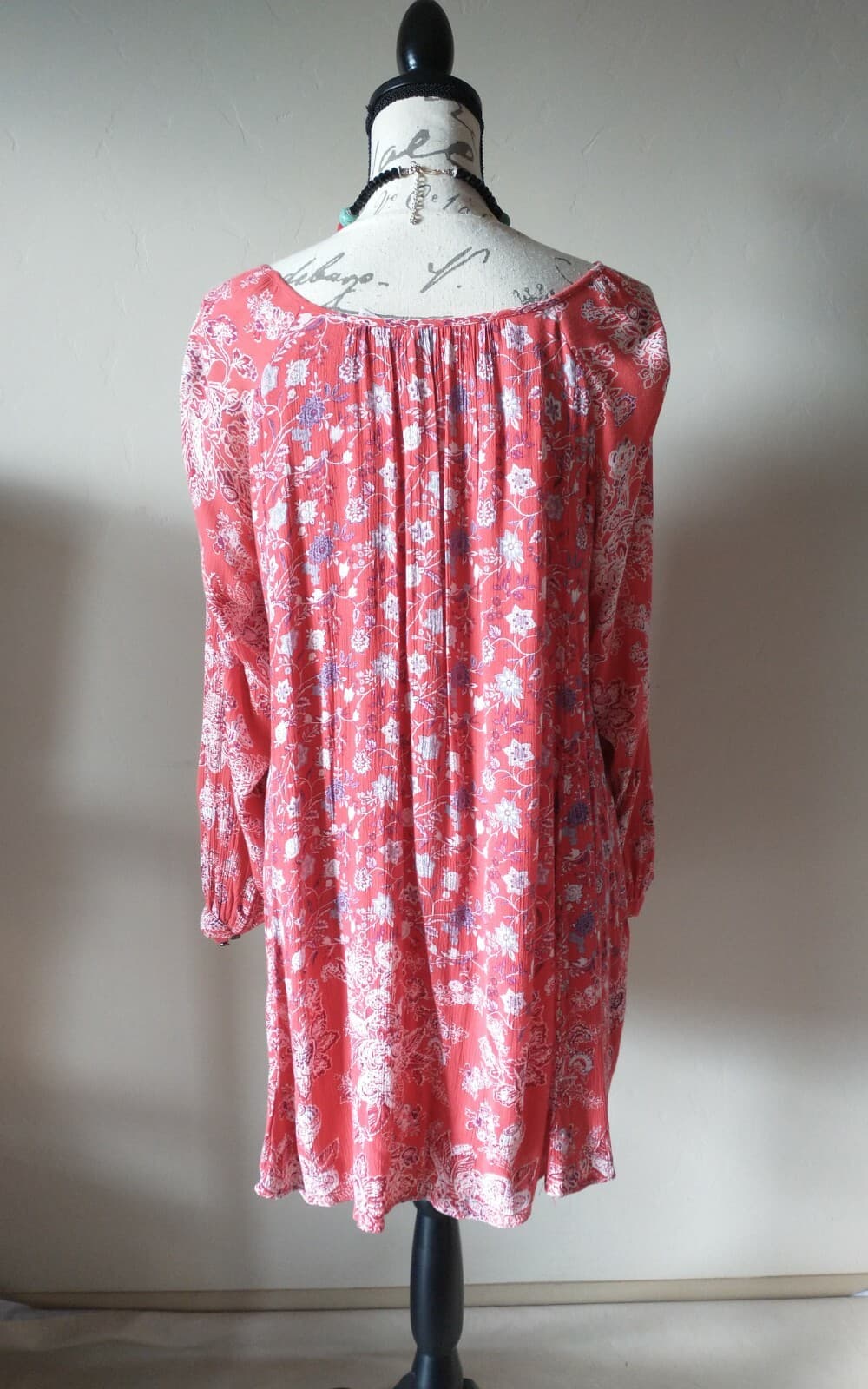 Free People Boho Mini Dress Red Floral Tassel Long Sleeve Lined 100% Rayon Sz.M - Thumbnail 4