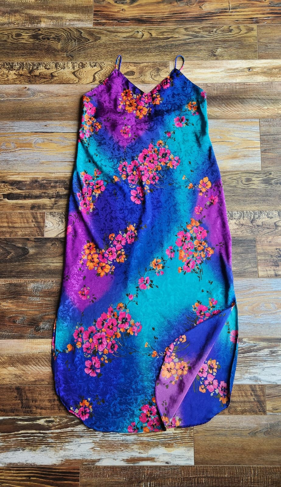 Vintage Y2K Circa 2000 USA Floral Satin Maxi Slip Dress Straps Multicolor Sz.M - Thumbnail 6