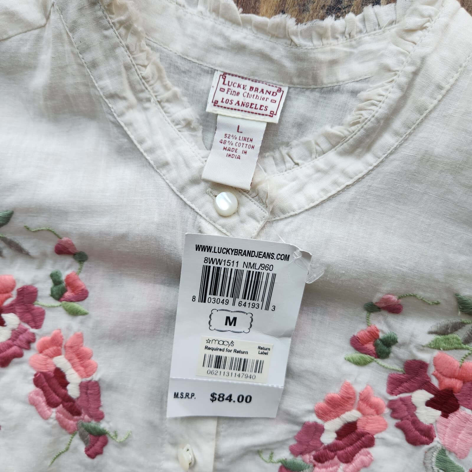 Vintage NWT Lucky Brand Floral Embroidered Henley Top Linen Cotton Cream Sz.L - Thumbnail 9