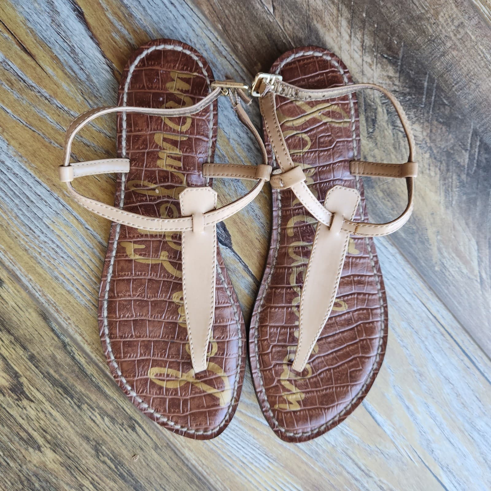 Sam Edelman Gigi Beige Faux Leather T-Strap Thong Flat Sandals Buckle Women's 6M - Thumbnail 4