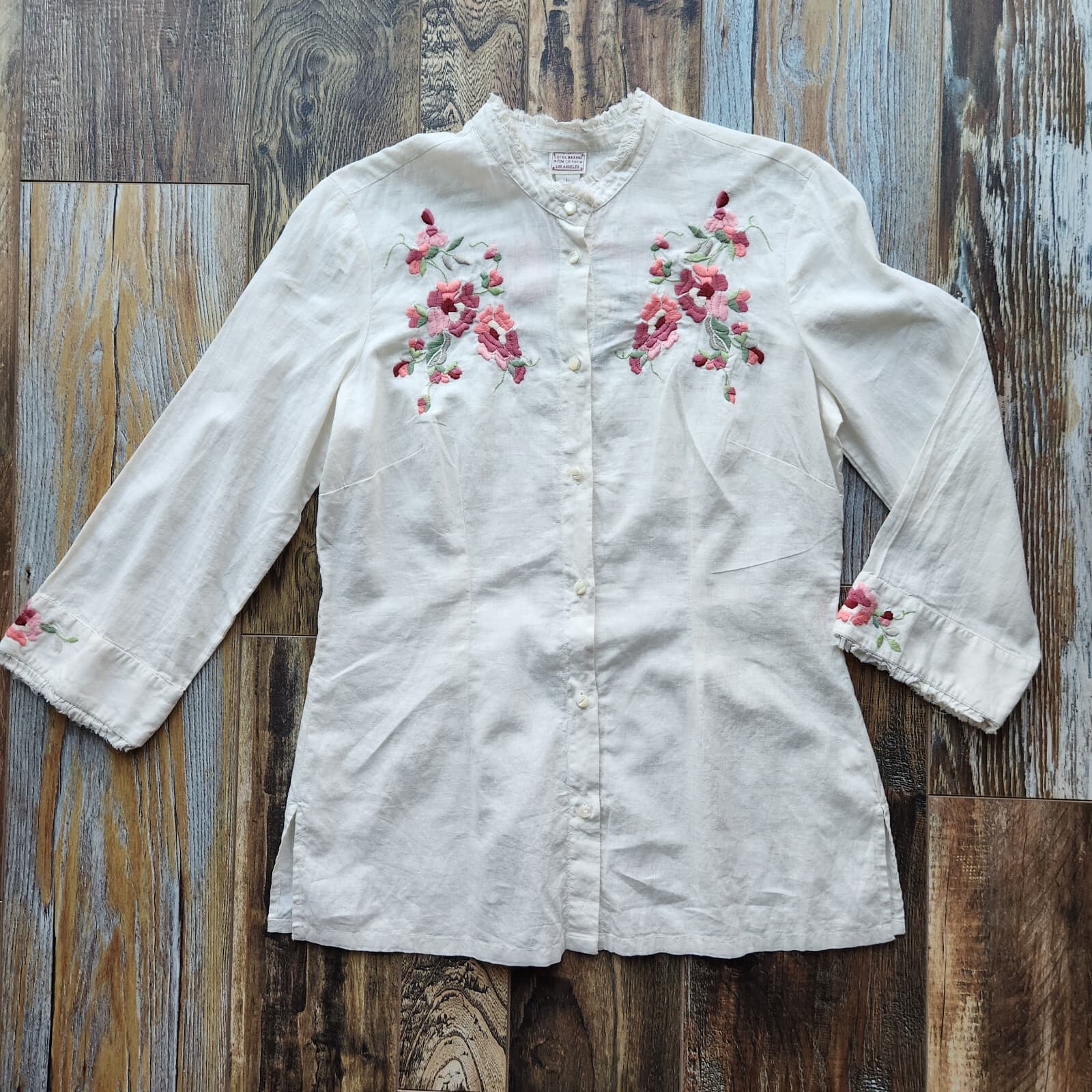 Vintage NWT Lucky Brand Floral Embroidered Henley Top Linen Cotton Cream Sz.L - Thumbnail 2