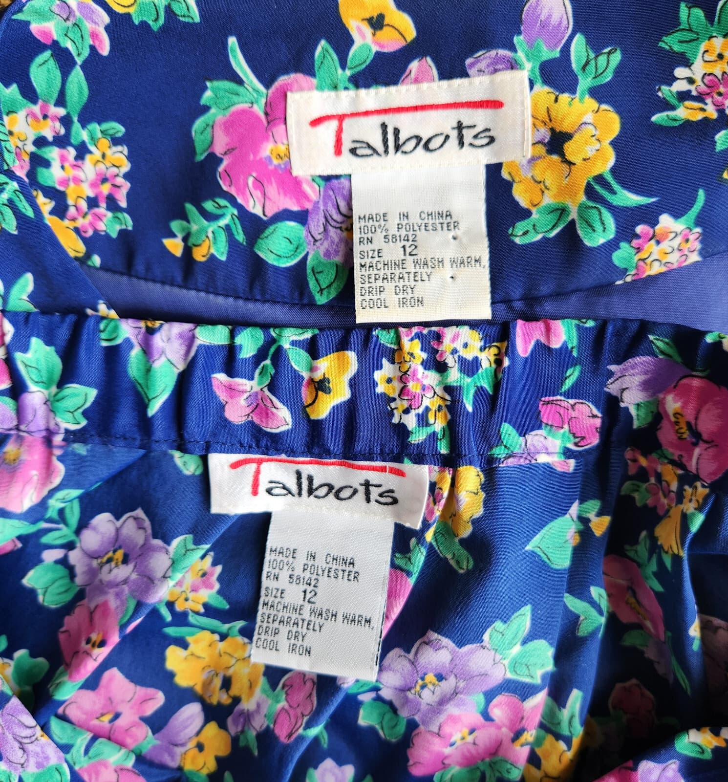 Vintage Talbots 2pc. Set Floral Button Front Top + Pleat Midi Skirt Blue Sz.12 - Thumbnail 11