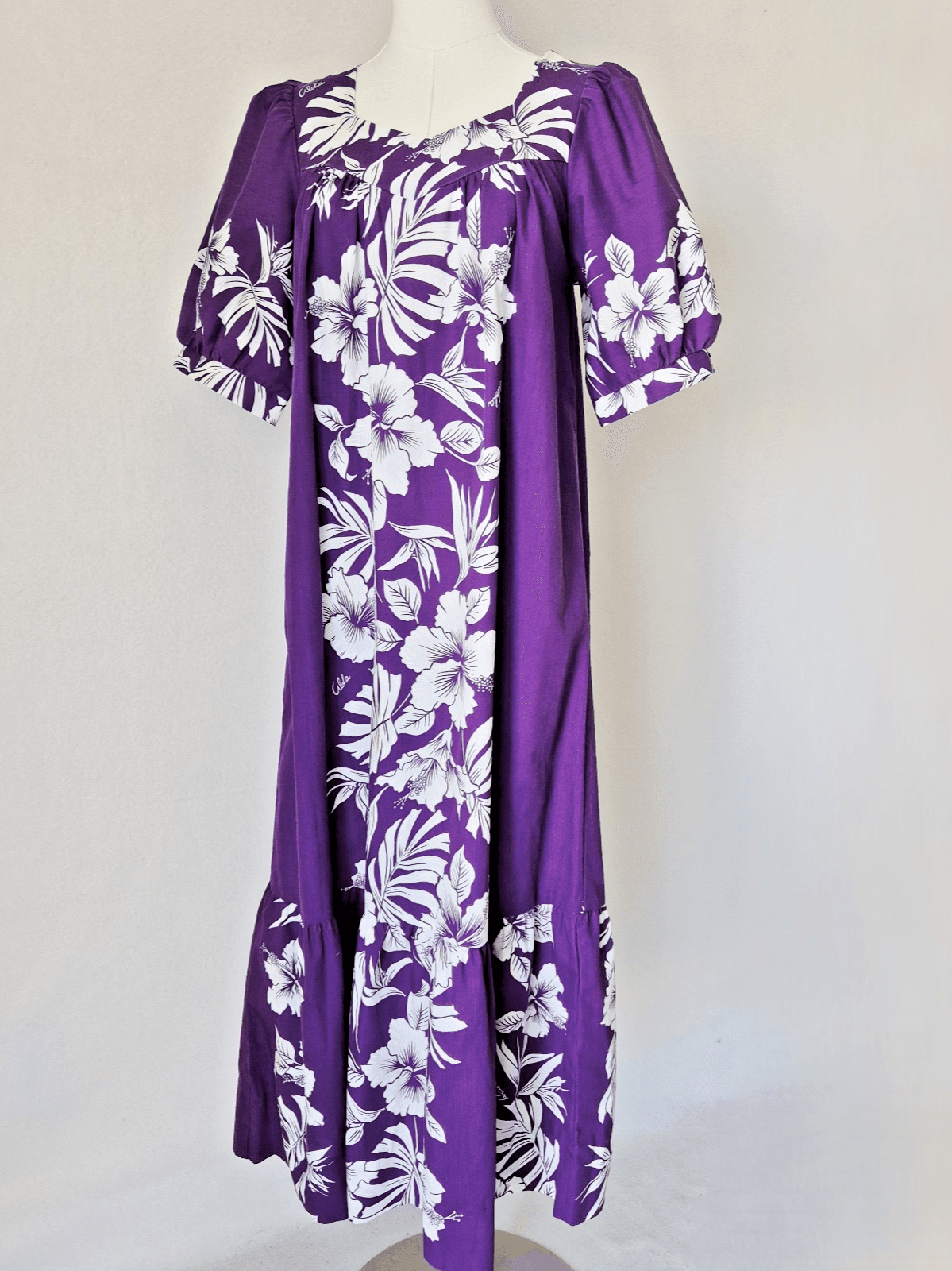 Royal Creations Hawaiian Floral MuuMuu Midi Dress Tiered Purple White Women's S - Thumbnail 2