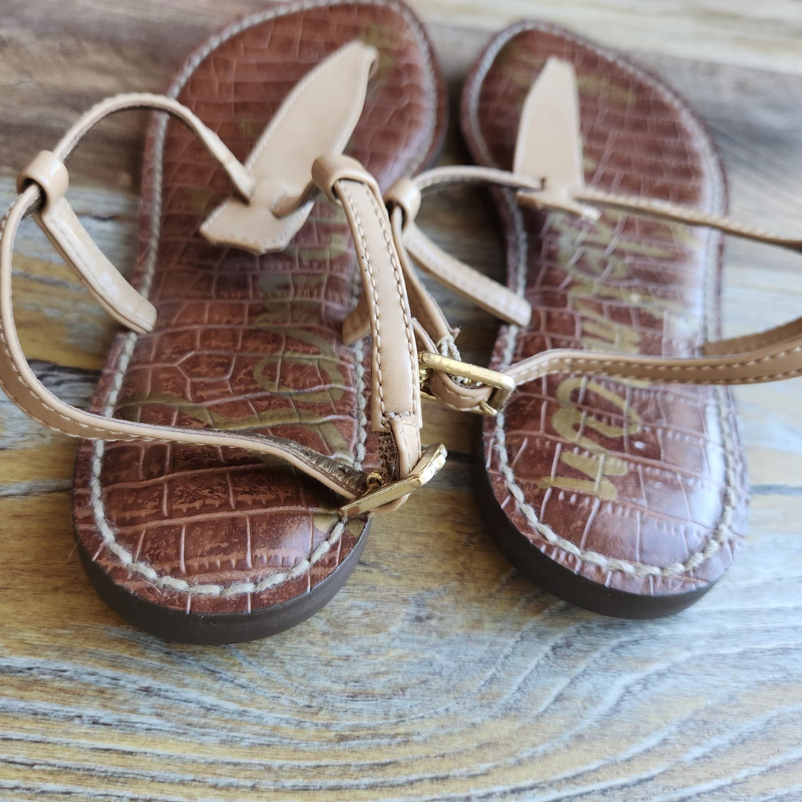 Sam Edelman Gigi Beige Faux Leather T-Strap Thong Flat Sandals Buckle Women's 6M - Thumbnail 11