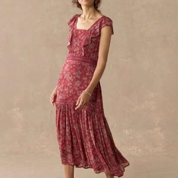 Sundance Harvest Floral Tiered Maxi Dress Ruffle Cap Sleeve Chiffon Red Womens 6 - Thumbnail 2